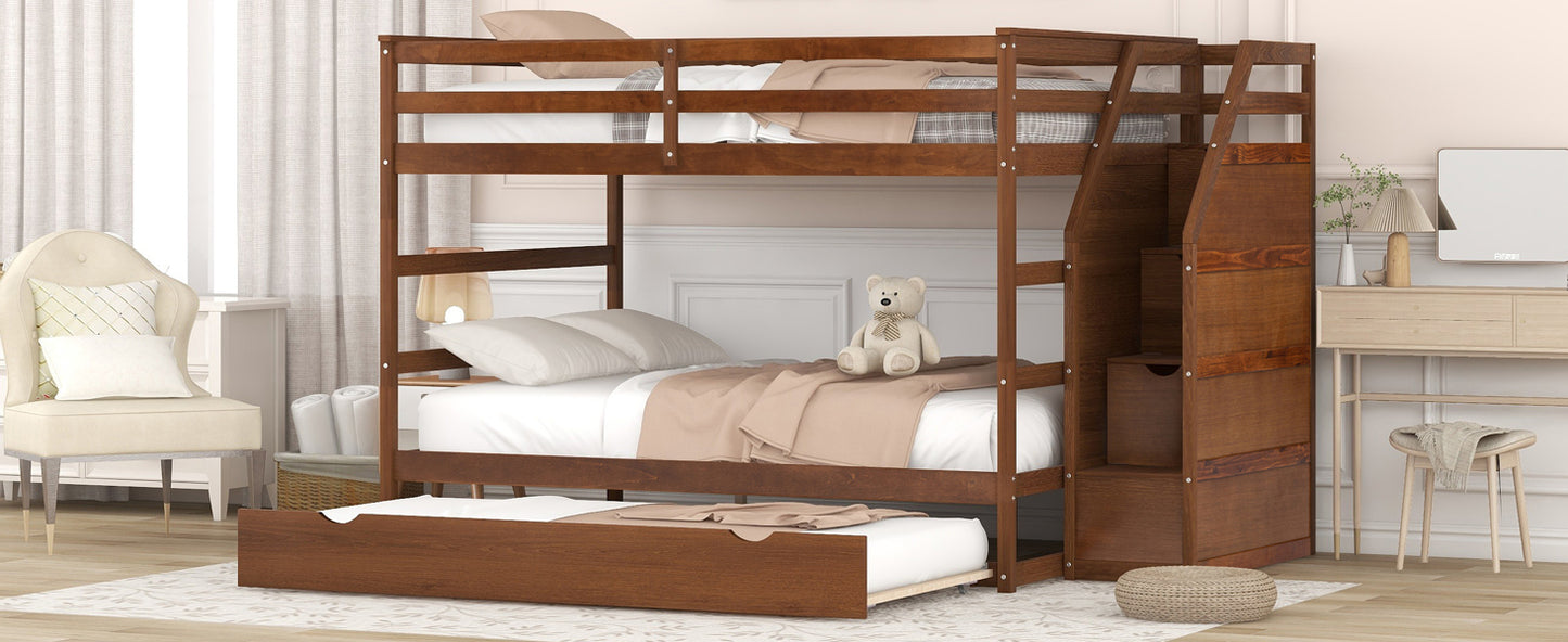Elegant Full-Over-Full Bunk Bed with Trundle, Storage Stairs, and Walnut Finish
