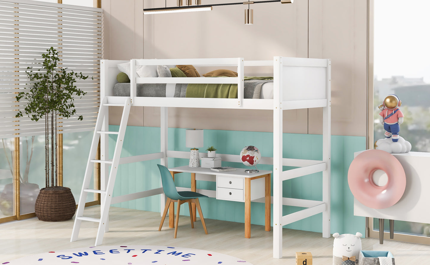 Solid Wood Twin Size Loft Bed with Ladder(White)(: WF191903AAK)