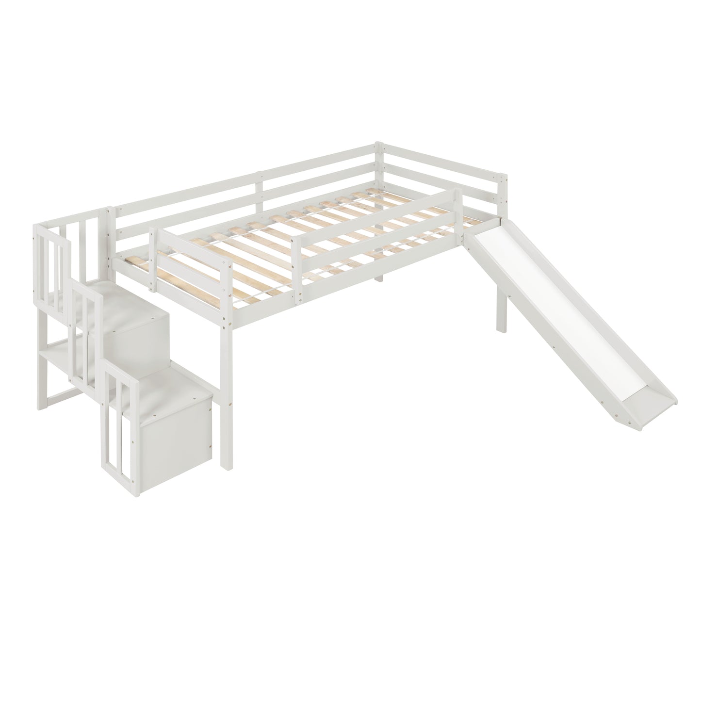 Loft Bed with Staircase, Storage, Slide, Twin size, Full-length Safety Guardrails, No Box Spring Needed, White