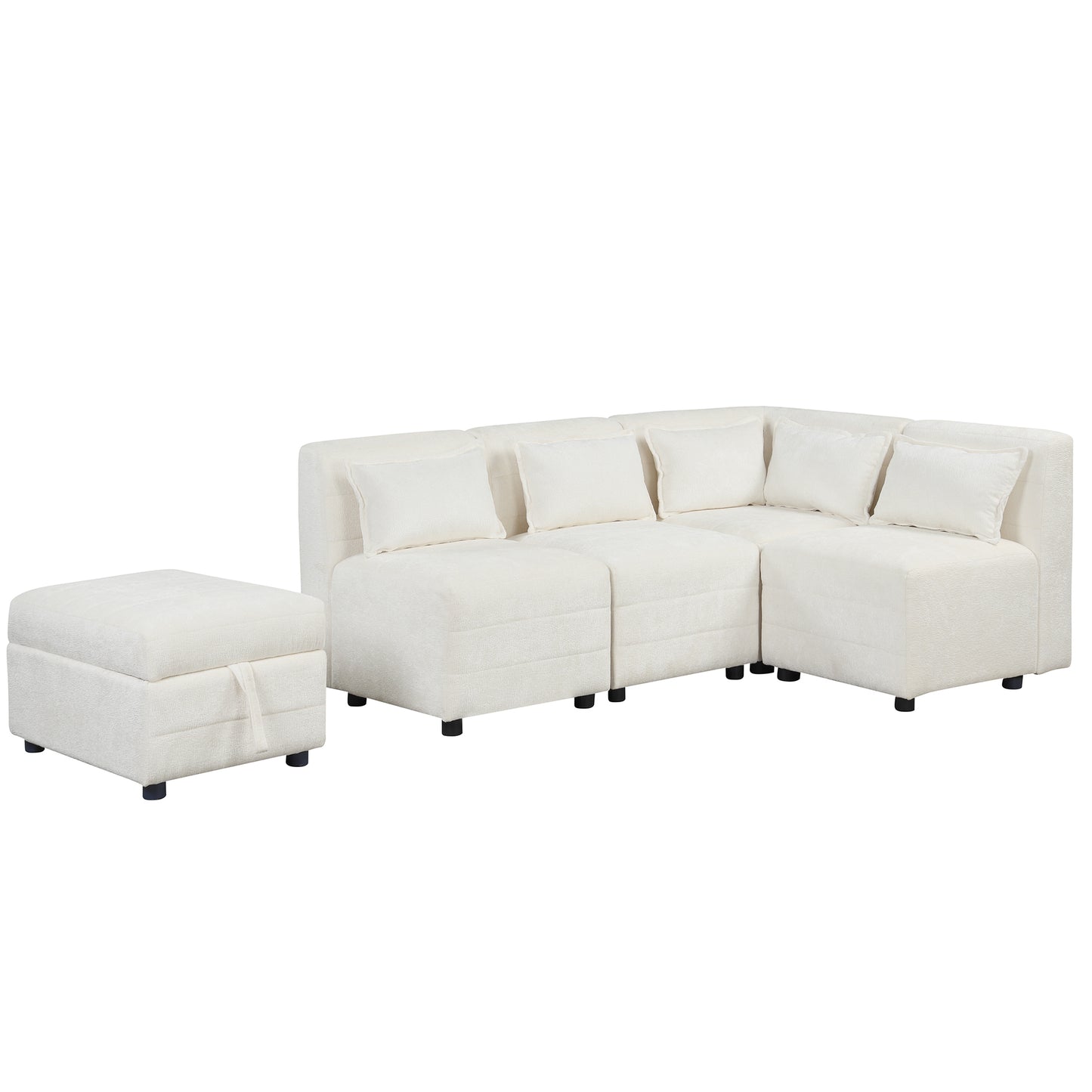 Cream 5-Seater Modular Sectional Sofa with Storage Ottoman and 5 Pillows