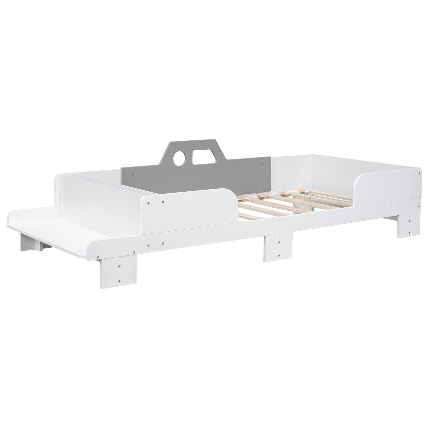 Car-Shaped Twin Bed with Bench,White