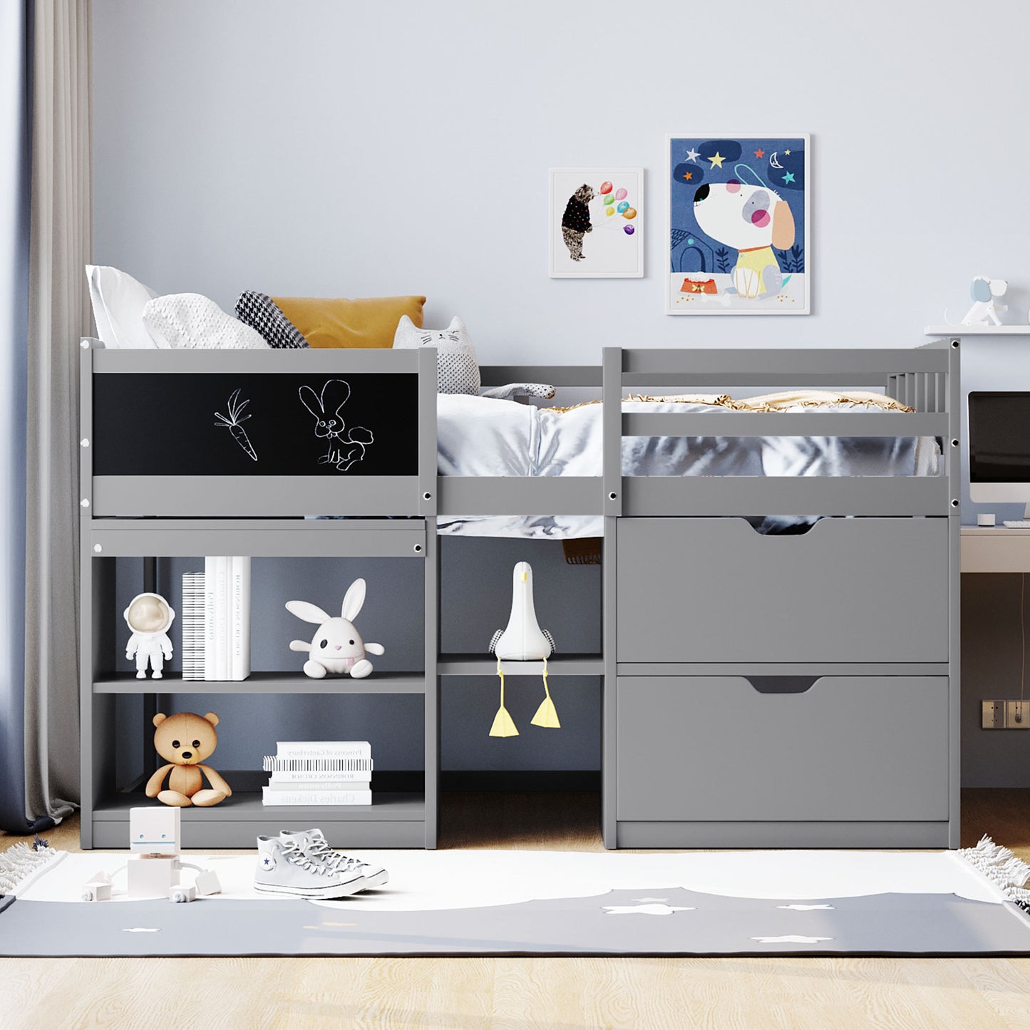 Twin Size Low Loft Bed with Rolling Desk, Shelf and Drawers - Gray