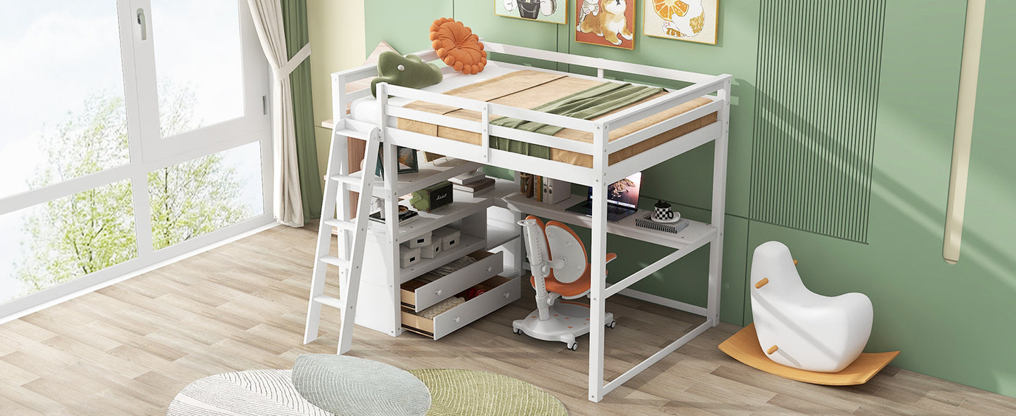 Full Size Loft Bed with Desk and Shelves,Two Built-in Drawers,White(: SM000416AAK)