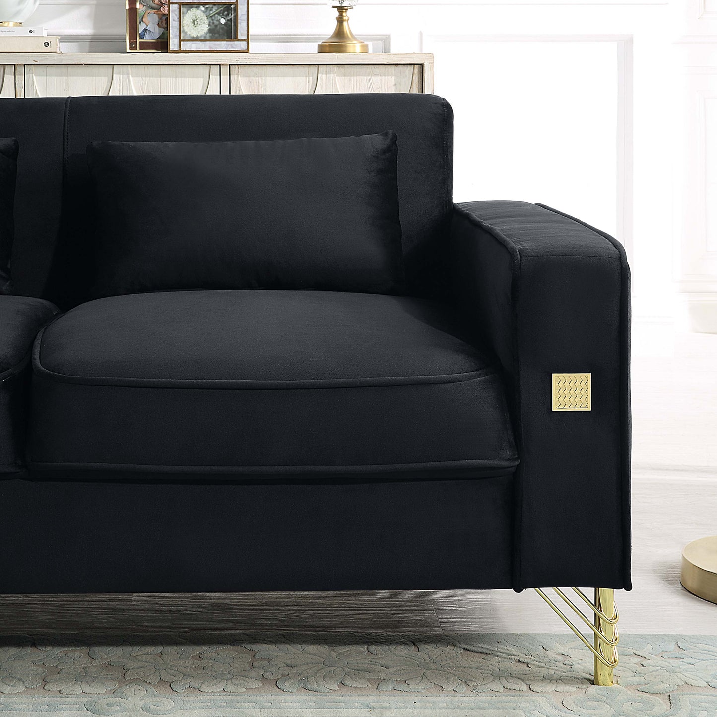 Velvet Sofa with Pillows and Gold Finish Metal Leg for Living Room