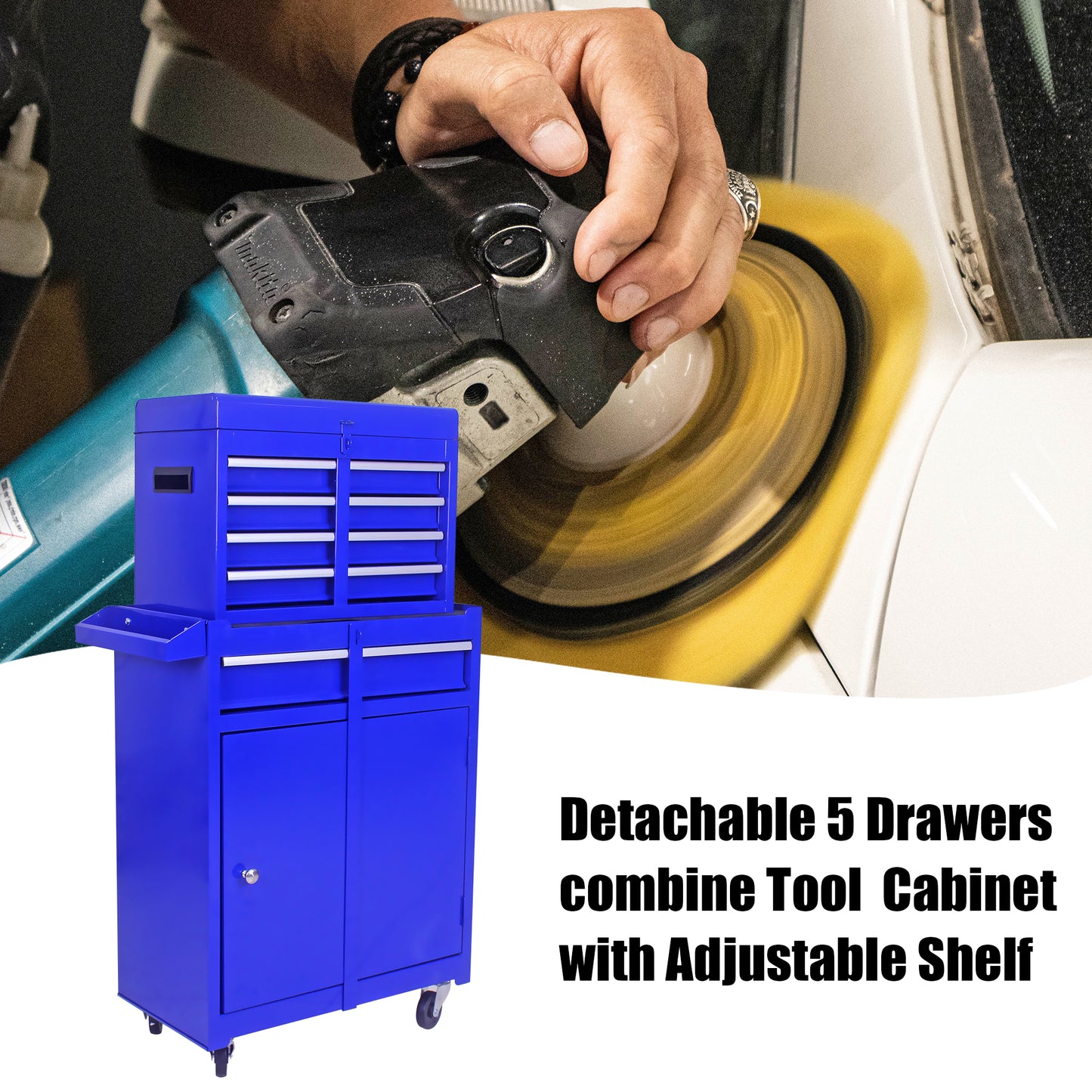 Detachable 5 Drawer Tool Chest with Bottom Cabinet and One Adjustable Shelf--Blue