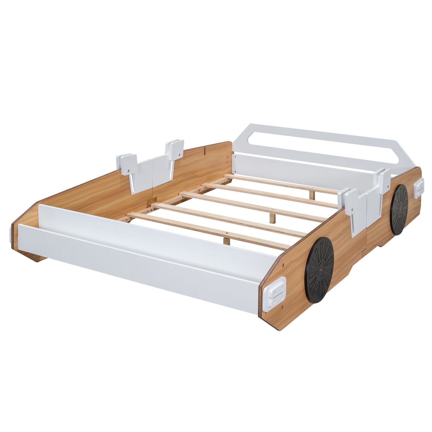 Wood Full Size Racing Car Bed with Door Design and Storage, Natural+White+Black