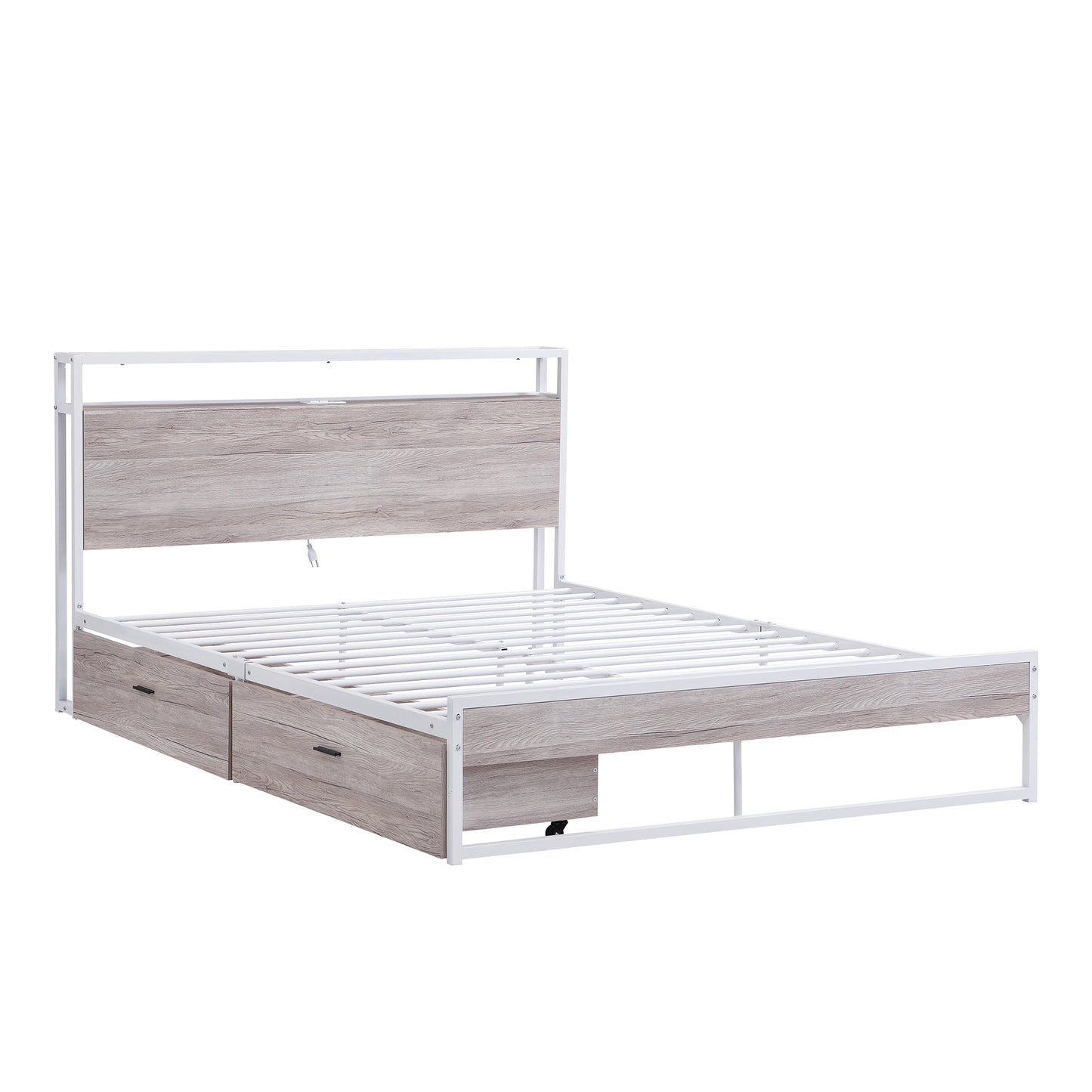 Queen Size Metal Platform Bed Frame with Two Drawers,Sockets and USB Ports ,Slat Support No Box Spring Needed  White