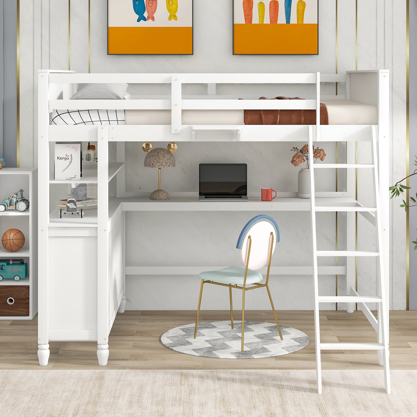 Full size Loft Bed with Drawers and Desk, Wooden Loft Bed with Shelves - White