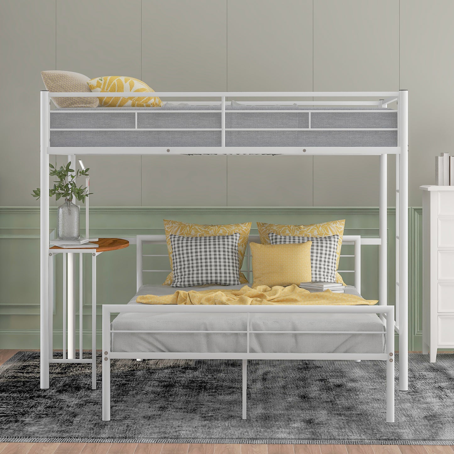 Metallic White Twin Over Full Bunk Bed with Desk and Ladder