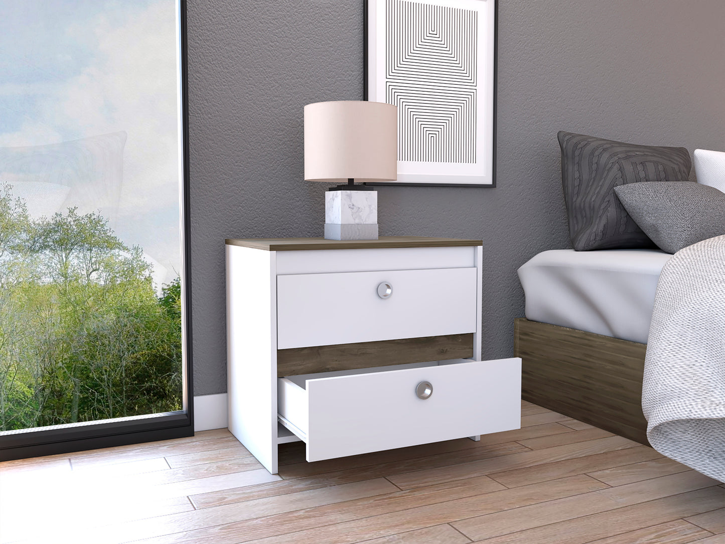 Idaly Nightstand, Superior Top, Two Drawers -White / Dark Brown