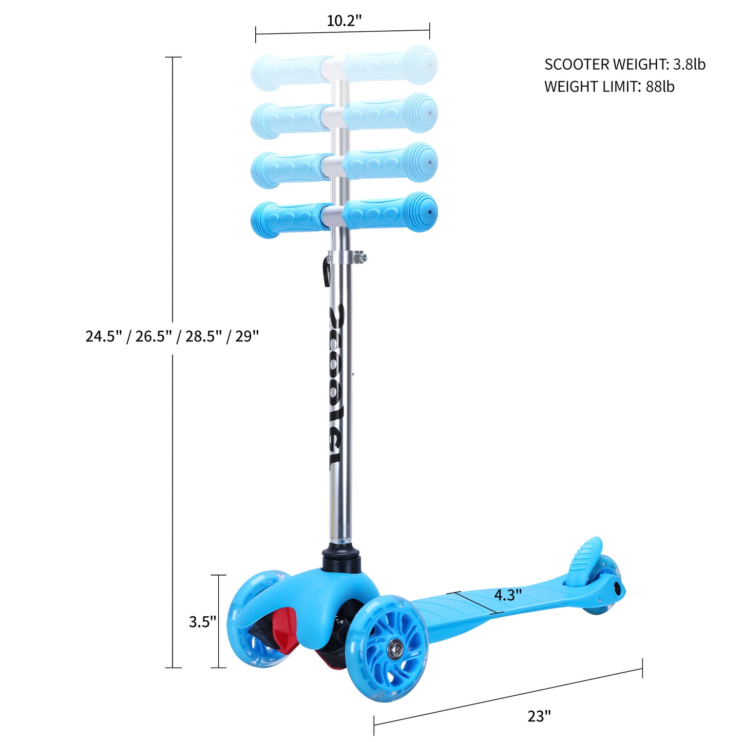 SimpleLux Kids Scooter - Blue, Adjustable Height, Wide Deck with Flashing Wheels