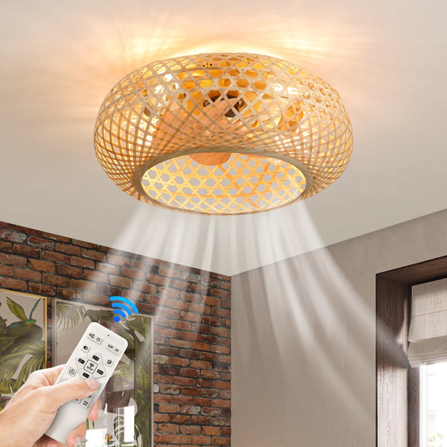 20-Inch Golden Bamboo Ceiling Fan with Remote Control and Monochromatic Lamp