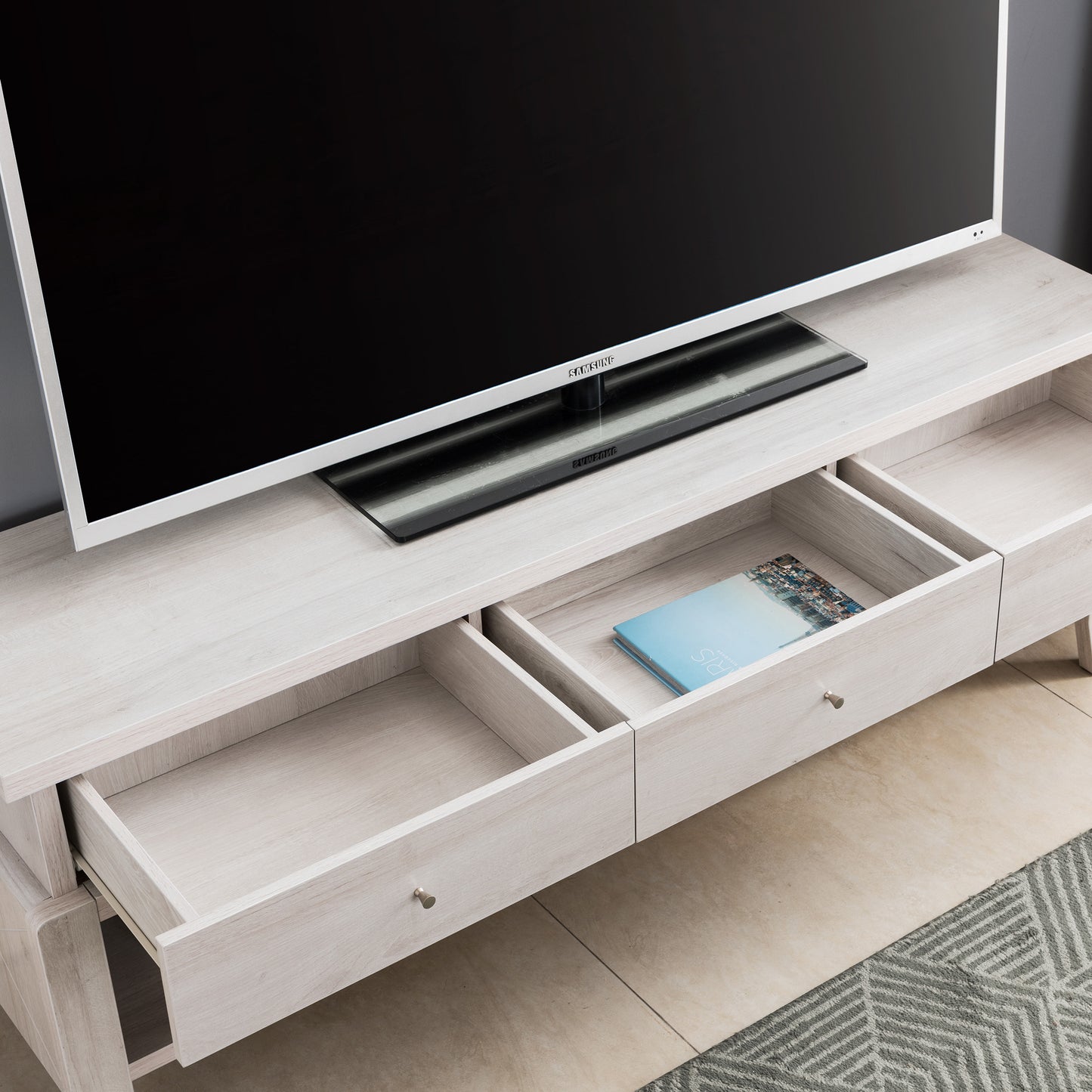 White Oak TV Stand with Three Drawers, Three Shelves, and Ample Media Storage