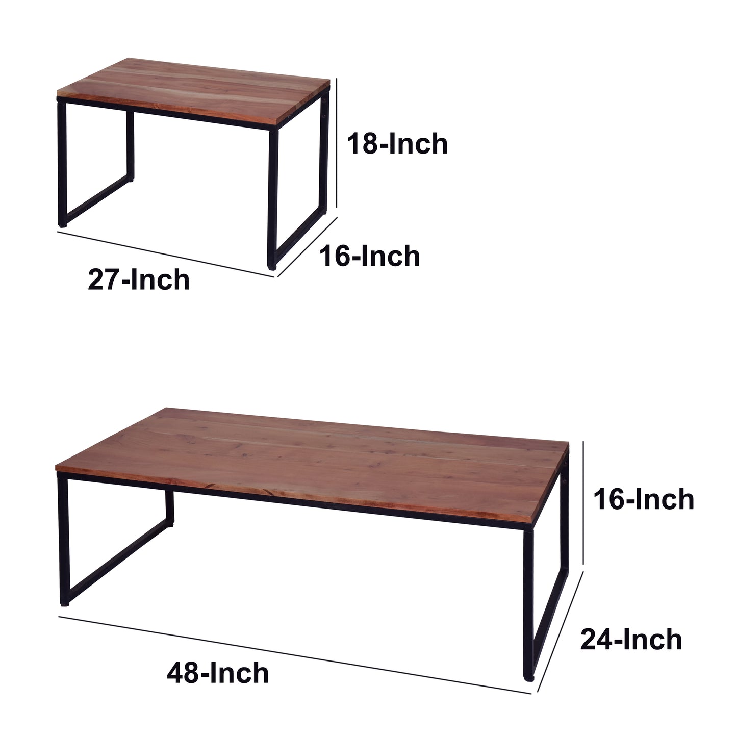 Brown and Black 2-Piece Rectangular Wood Nesting Coffee and End Table Set with Sled Metal Base