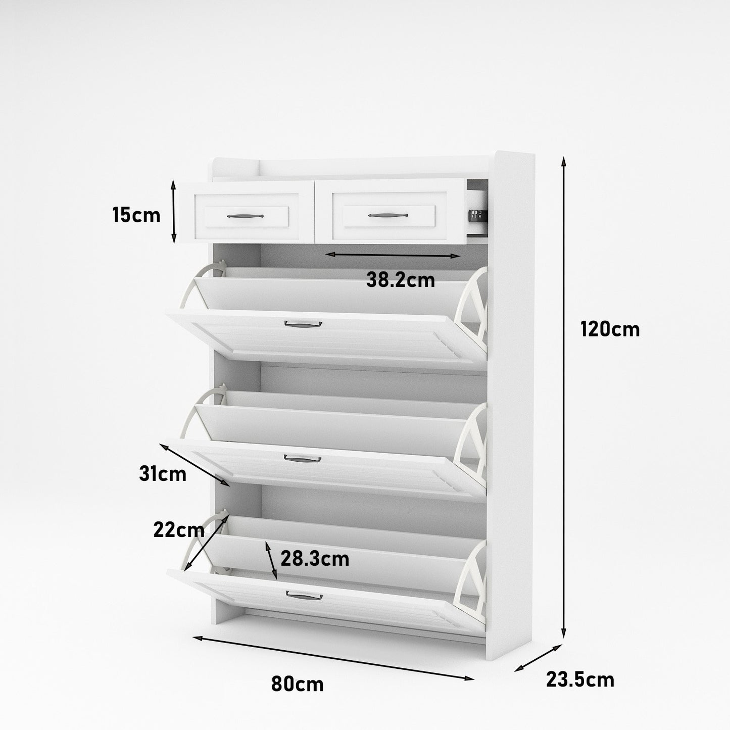 White color shoe cabinet  with 3 doors 2 drawers,PVC door with shape ,large space for storage