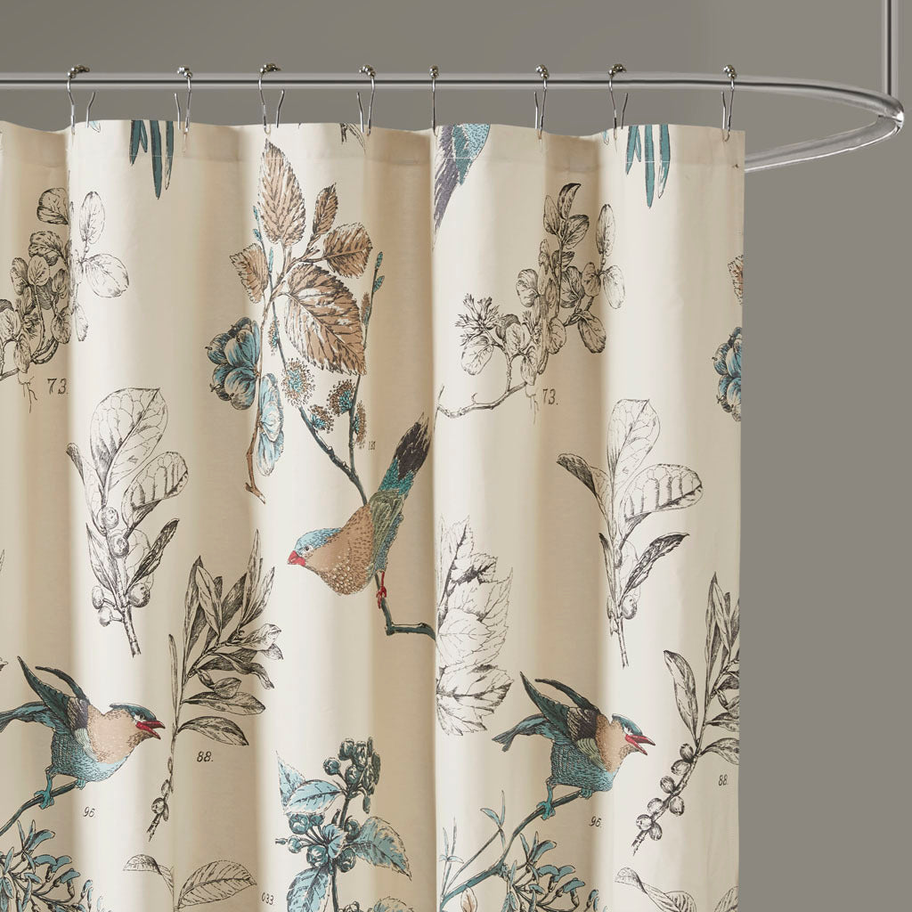 Khaki Bird and Leaf Print Cotton Shower Curtain