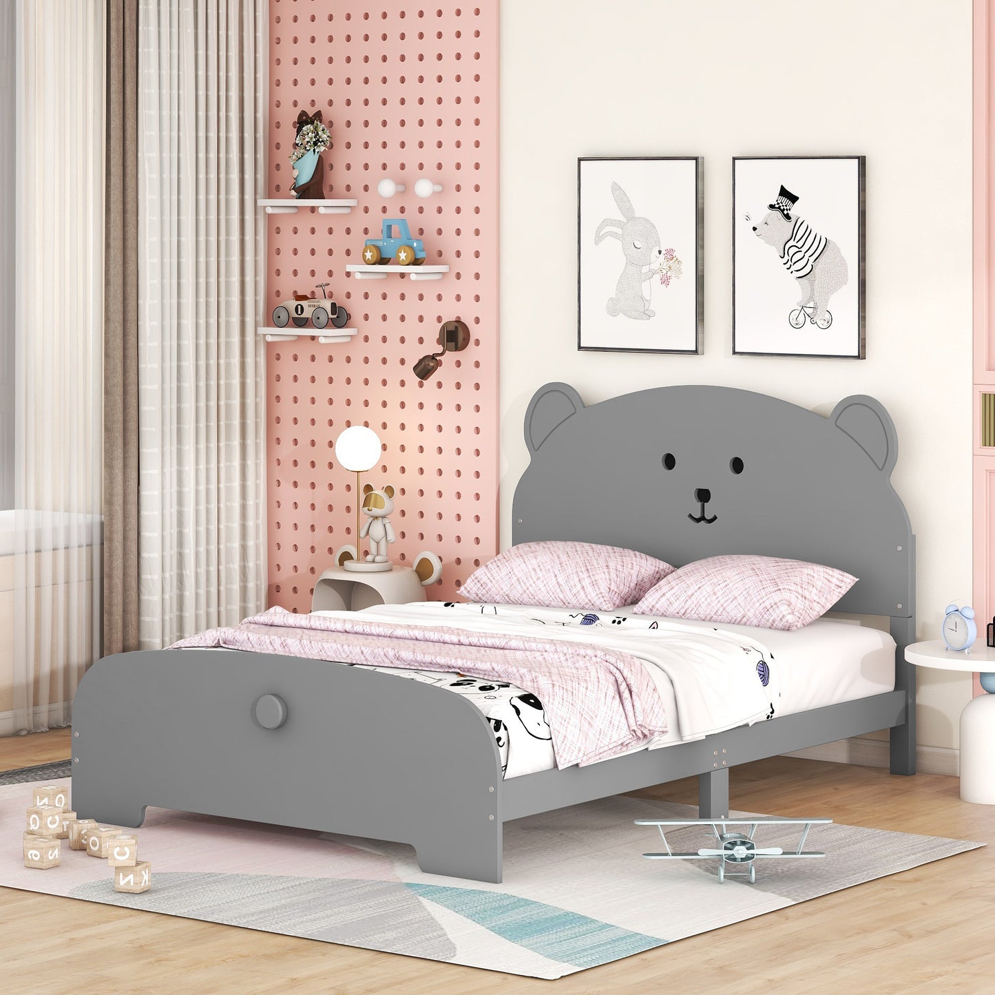 Full Size Wood Platform Bed with Bear-shaped Headboard and Footboard,Gray