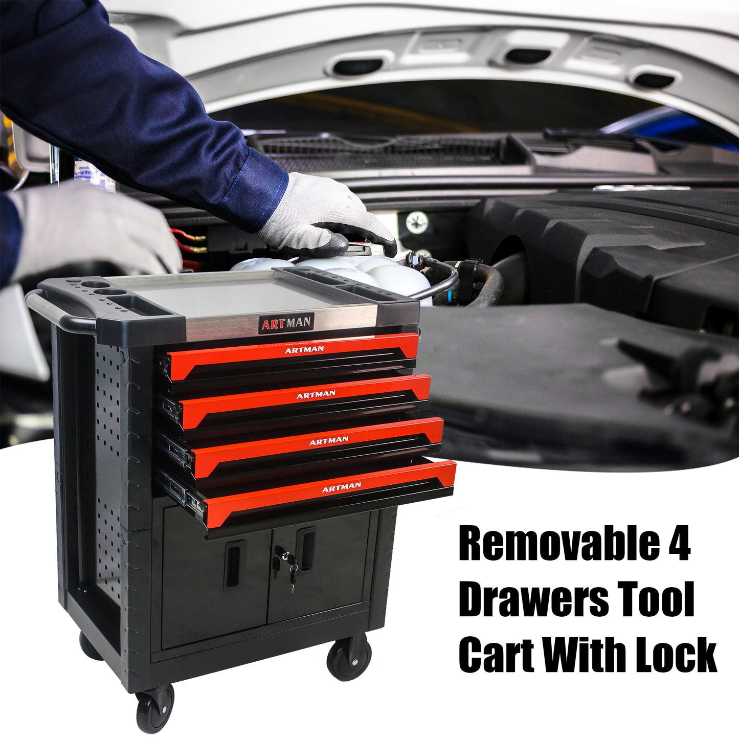 REMOVABLE 4 DRAWERS TOOL CART WITH LOCK