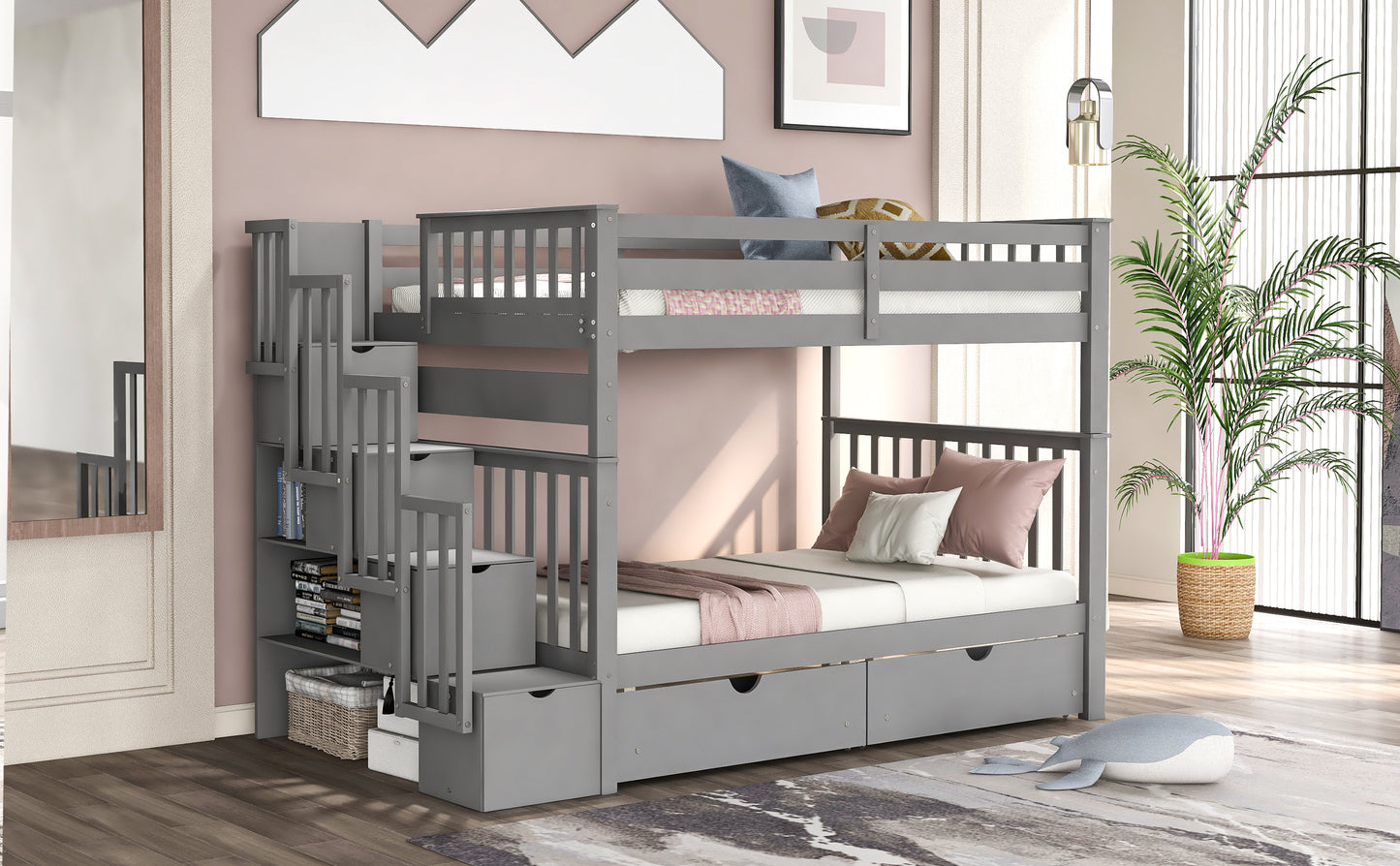 Gray Full Over Full Bunk Bed with Storage Drawers and Shelving