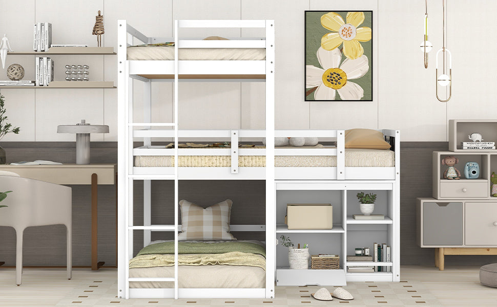 L-Shaped Triple Bunk Bed with Storage Cabinet, Blackboard, and White Finish - Innovative Space-Saving Solution