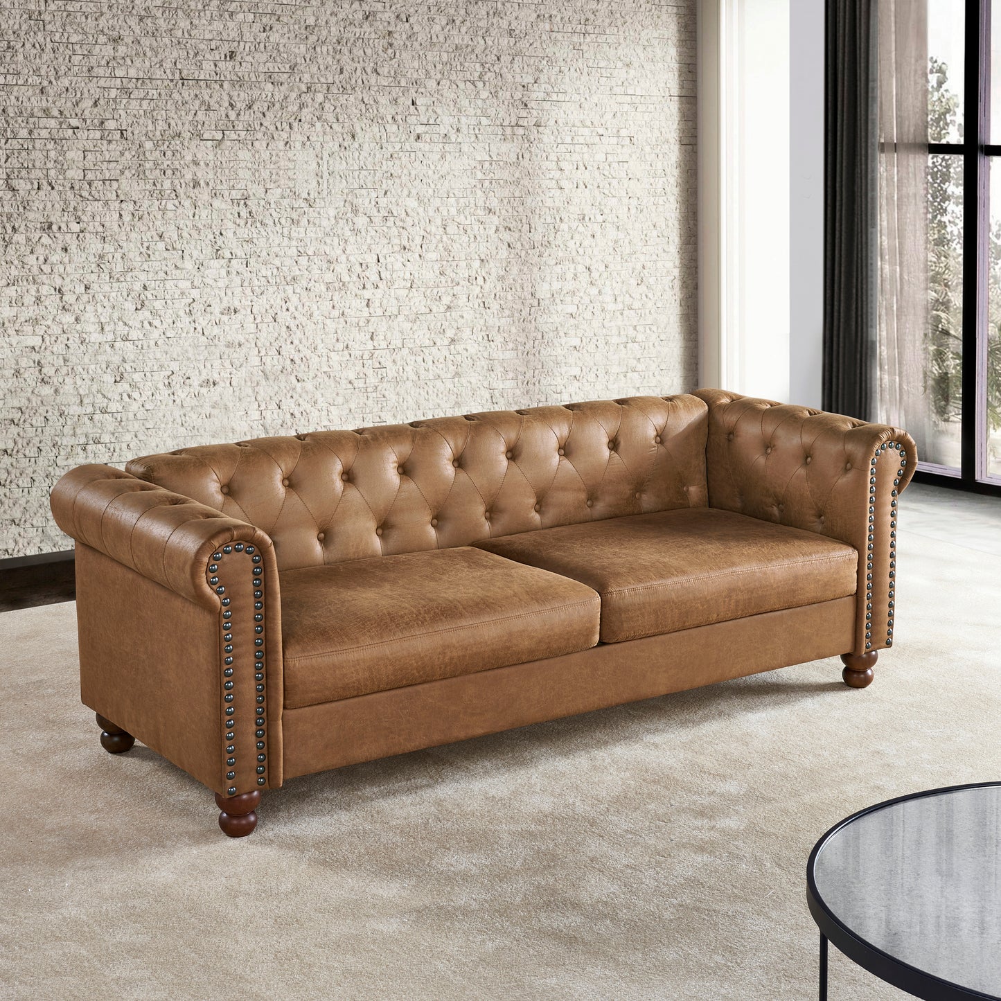 Classic Traditional Living Room Upholstered Sofa with high-tech Fabric Surface/ Chesterfield Tufted Fabric Sofa Couch, Large-Brown