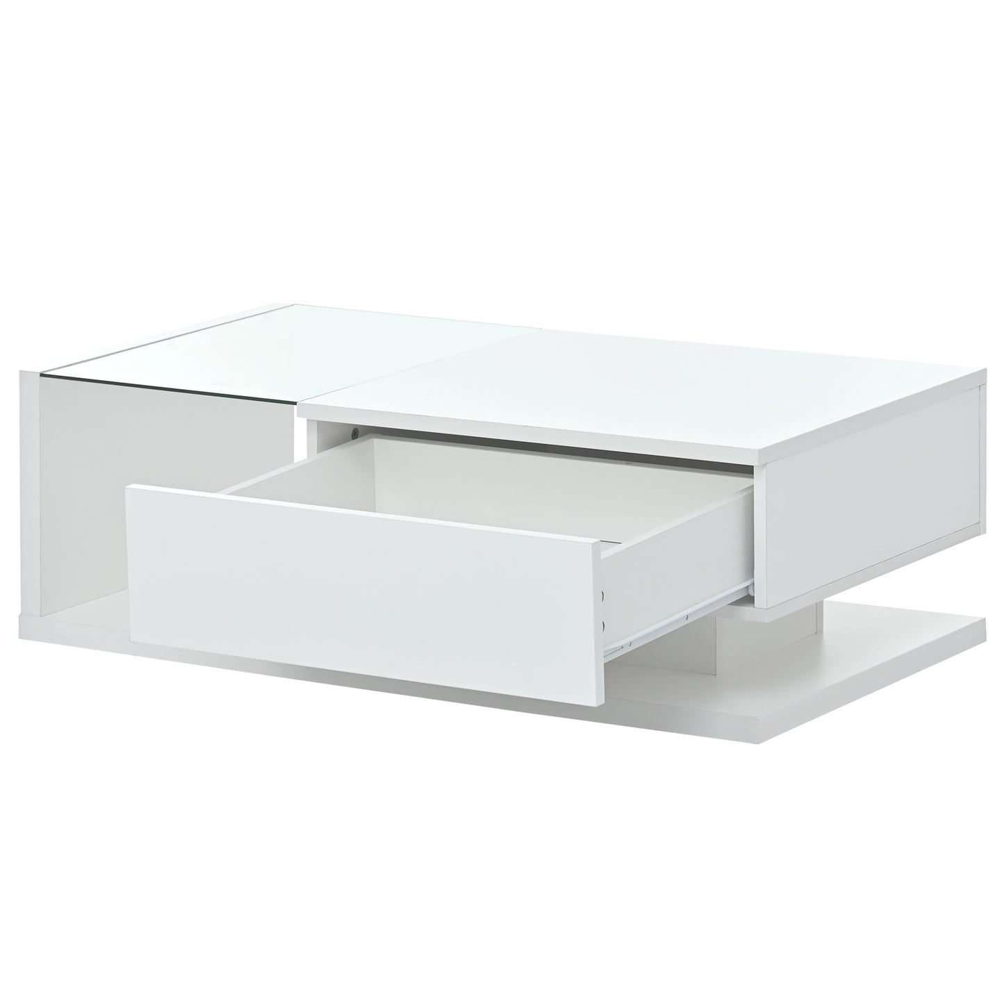 Contemporary White Coffee Table with Glass Top and High-Gloss Finish