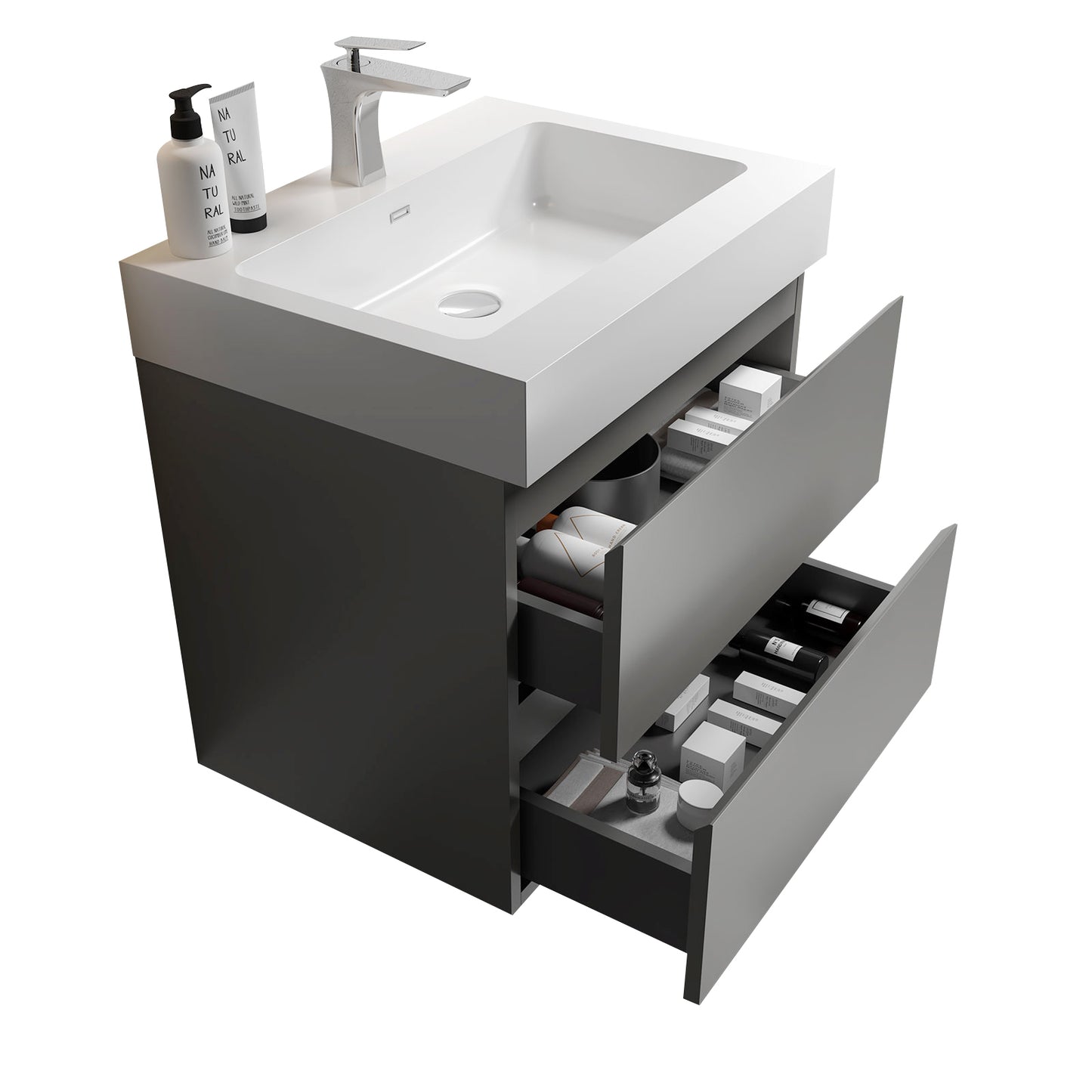 Alice-24W-102,Wall mount cabinet WITHOUT basin, Gray color, with two drawers