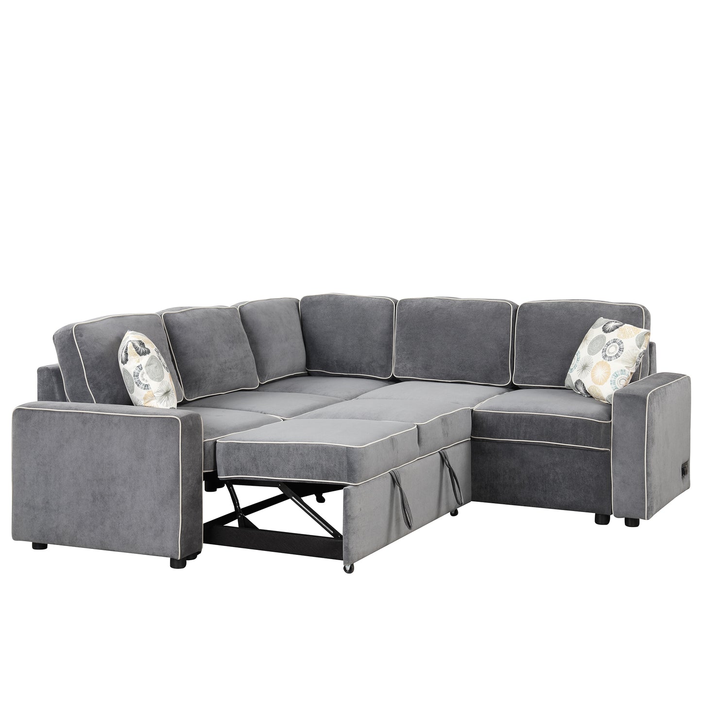 83 L-Shaped Convertible Sleeper Sofa with USB ports, Power Sockets, and Pillows, Gray