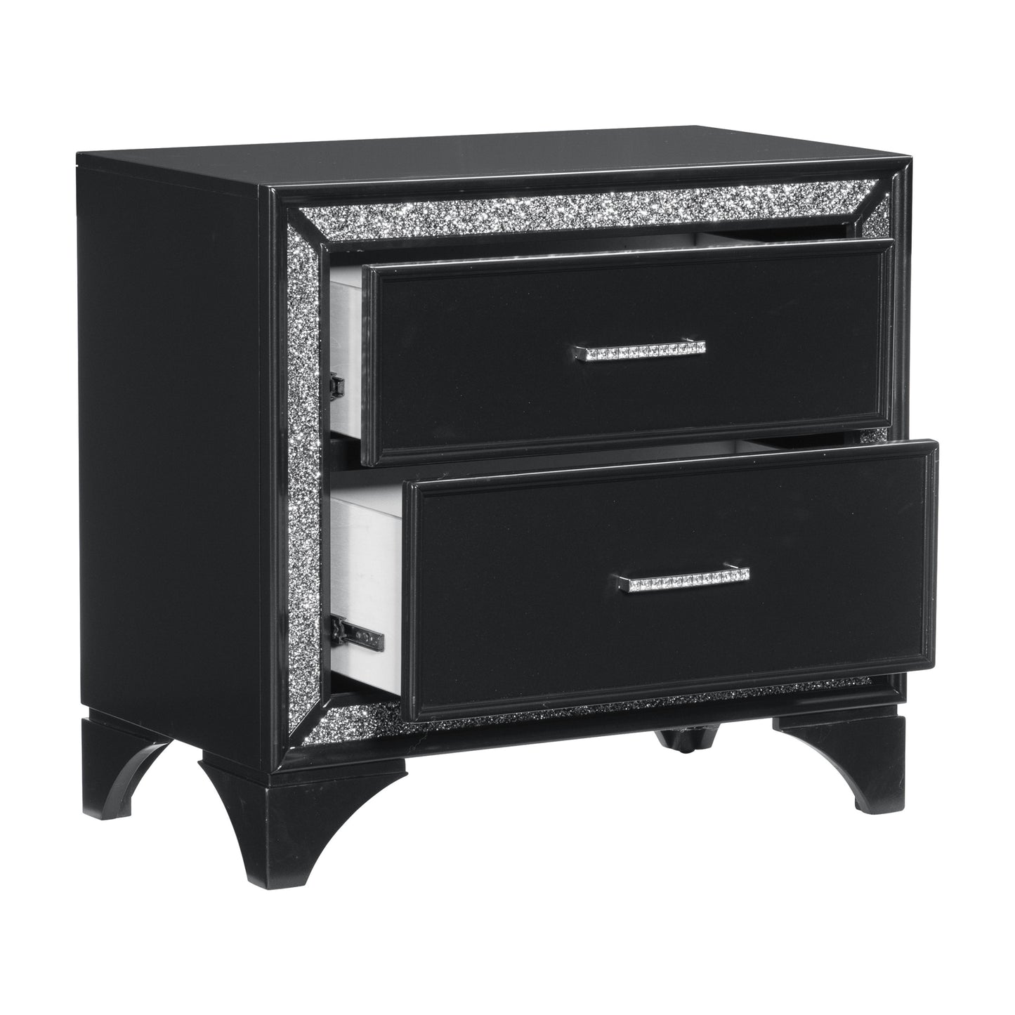 Glamourous Peal Black Metallic Finish 1pc Nightstand of 2x Drawers Faux Crystal Handles Modern Bedroom Wooden Furniture