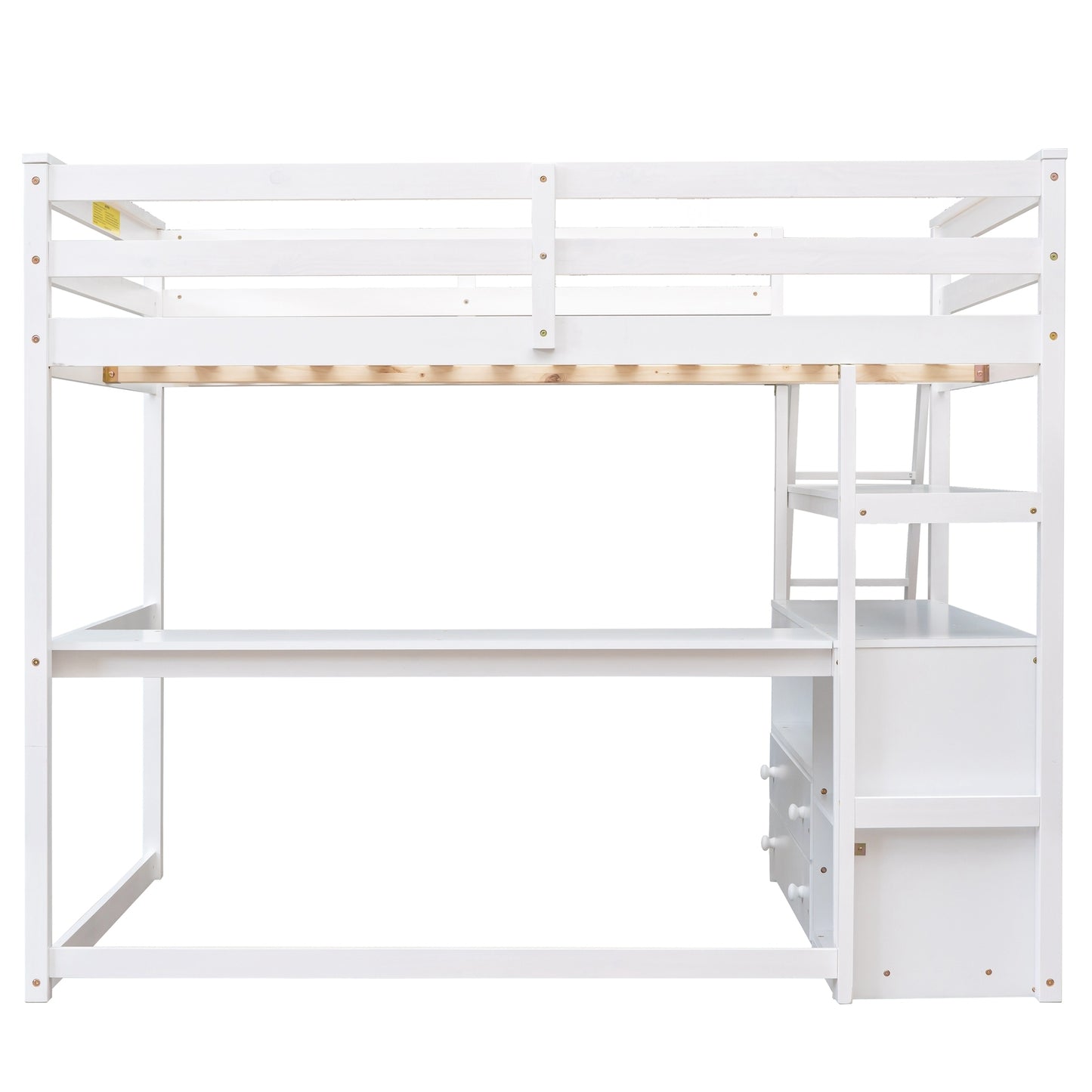 Full Size Loft Bed with Desk and Shelves,Two Built-in Drawers,White