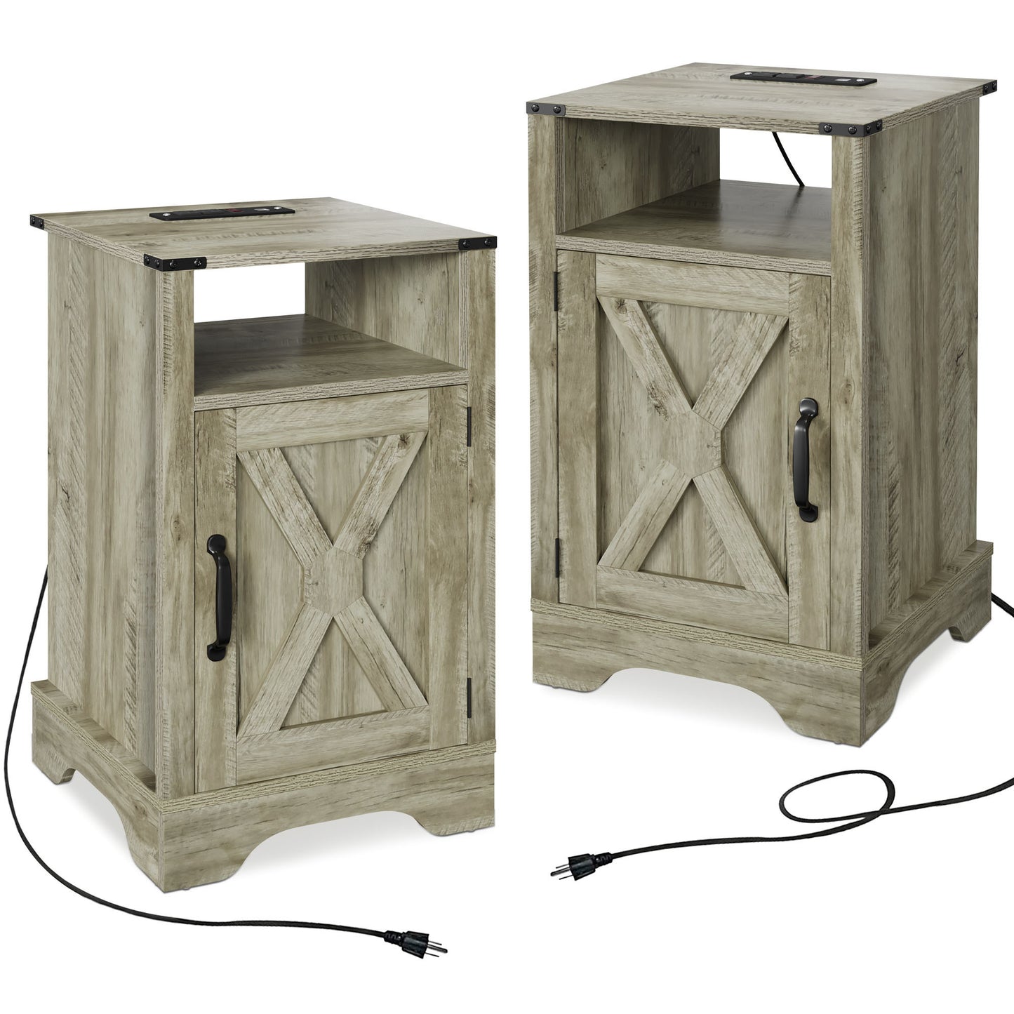 Farmhouse Nightstand Side Table, Wooden Rustic End Table, Tall Bedside Table with Electrical Outlets Charging Station  (2 Sets) - Light Gray