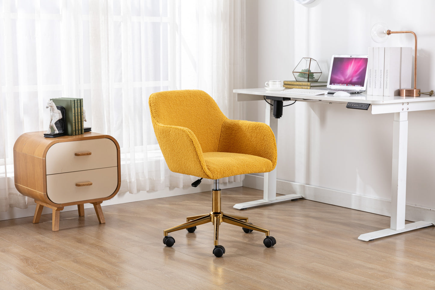 Modern Teddy Fabric Material Adjustable Height 360 Revolving Home Office Chair With Gold Metal Legs And Universal Wheel For Indoor,Yellow