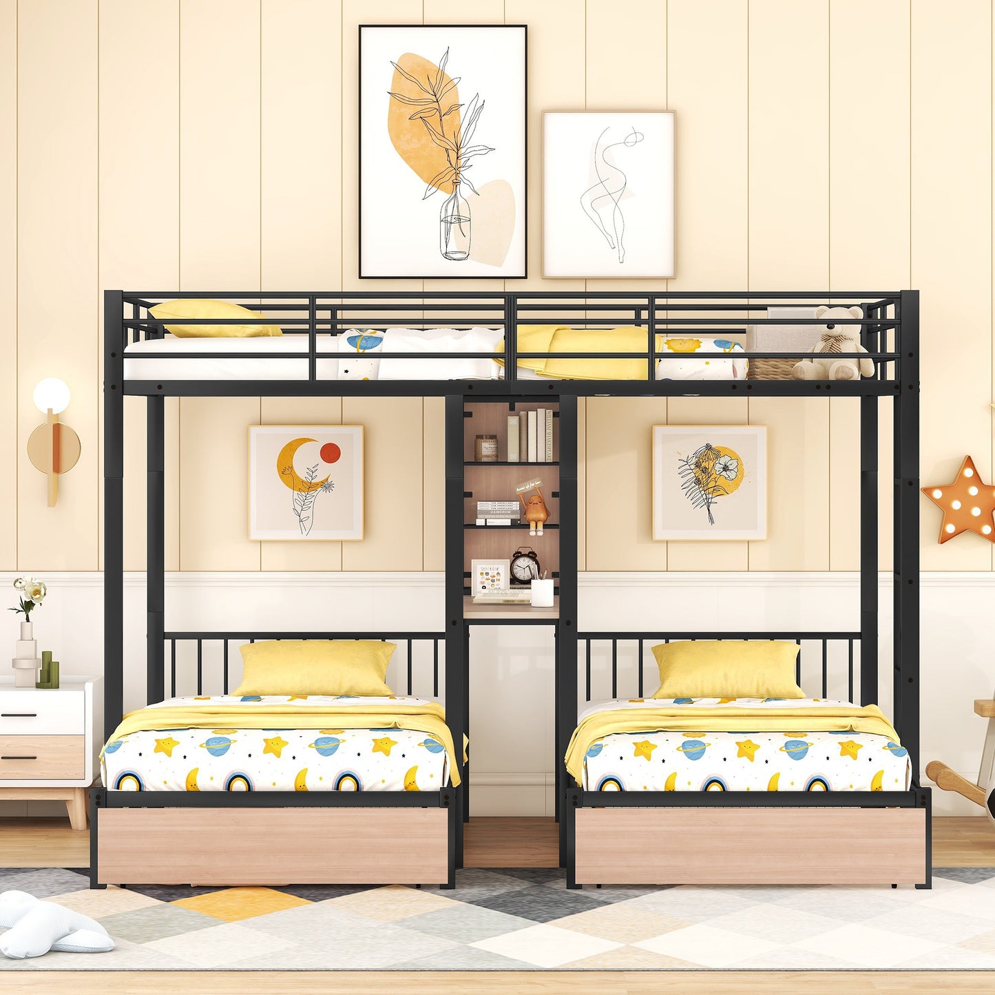 Full Over Twin & Twin Bunk Bed with Desks, Shelves, and Drawers in Black Metal Frame