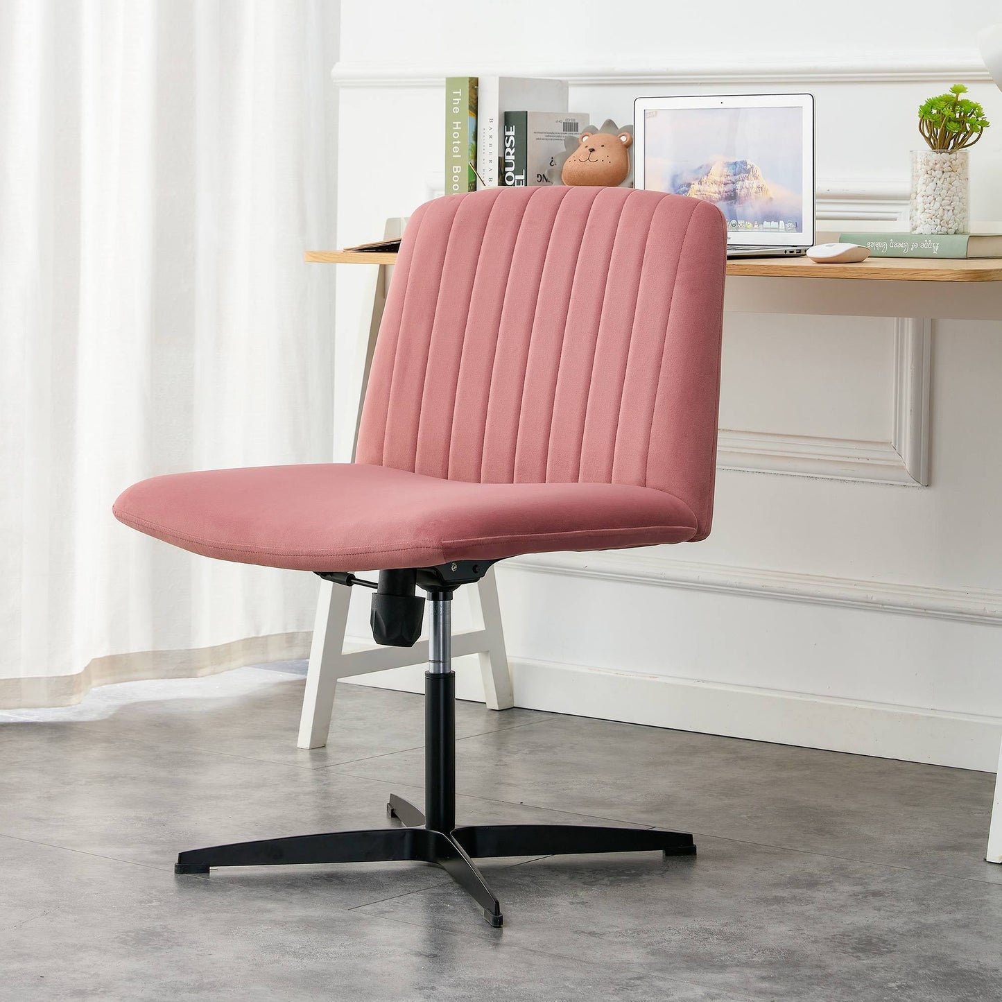 Pink Velvet Material. Home Computer Chair Office Chair Adjustable 360 °Swivel Cushion Chair With Black Foot Swivel Chair Makeup Chair Study Desk Chair. No WheelsW115167384