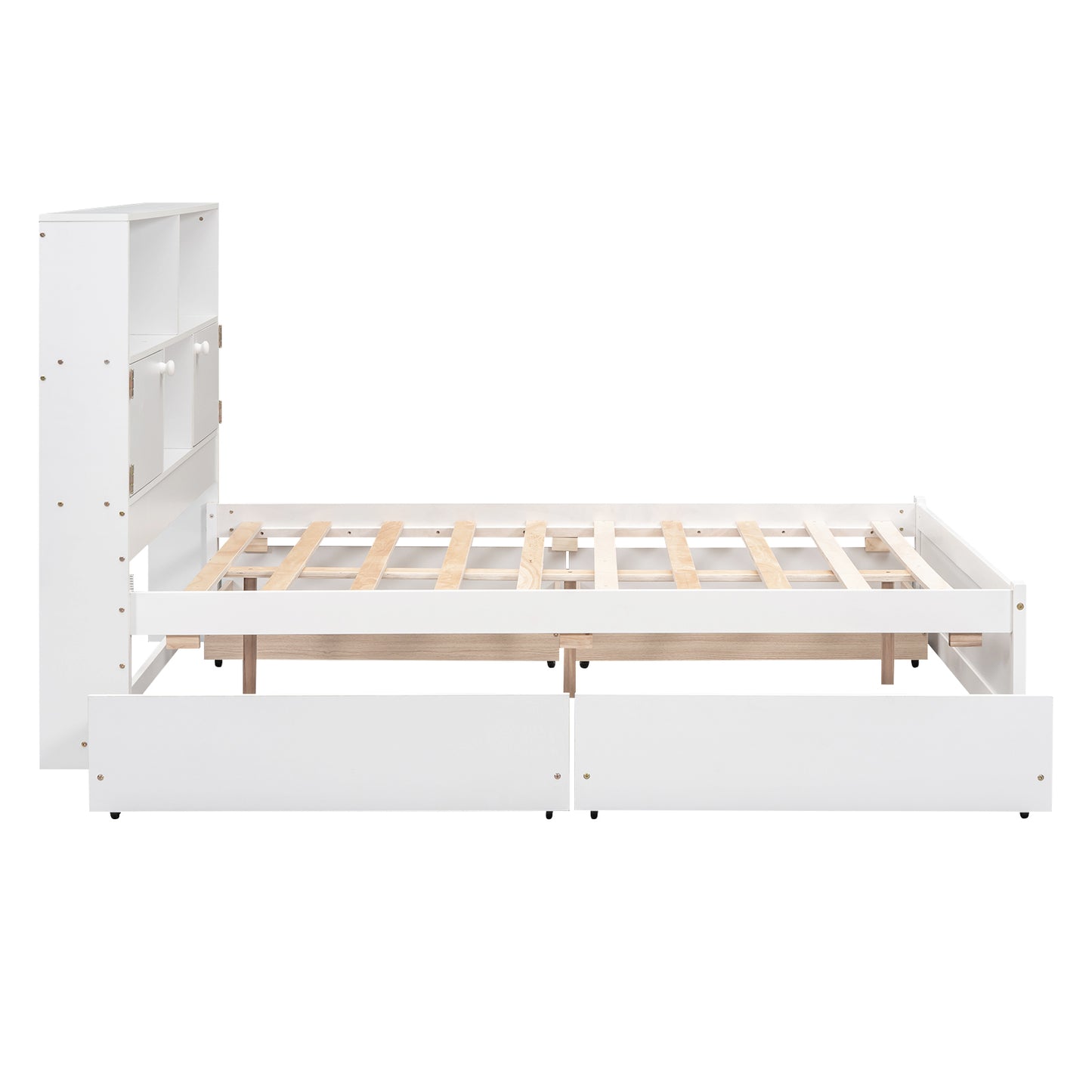 Full Size Platform Bed with Storage Headboard, Charging Station and 4 Drawers, White