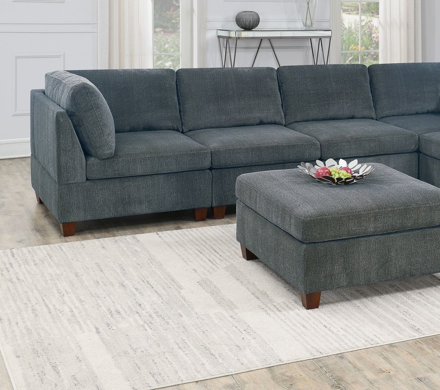 Luxurious Grey Chenille Modular Sectional Sofa Set with Ottoman