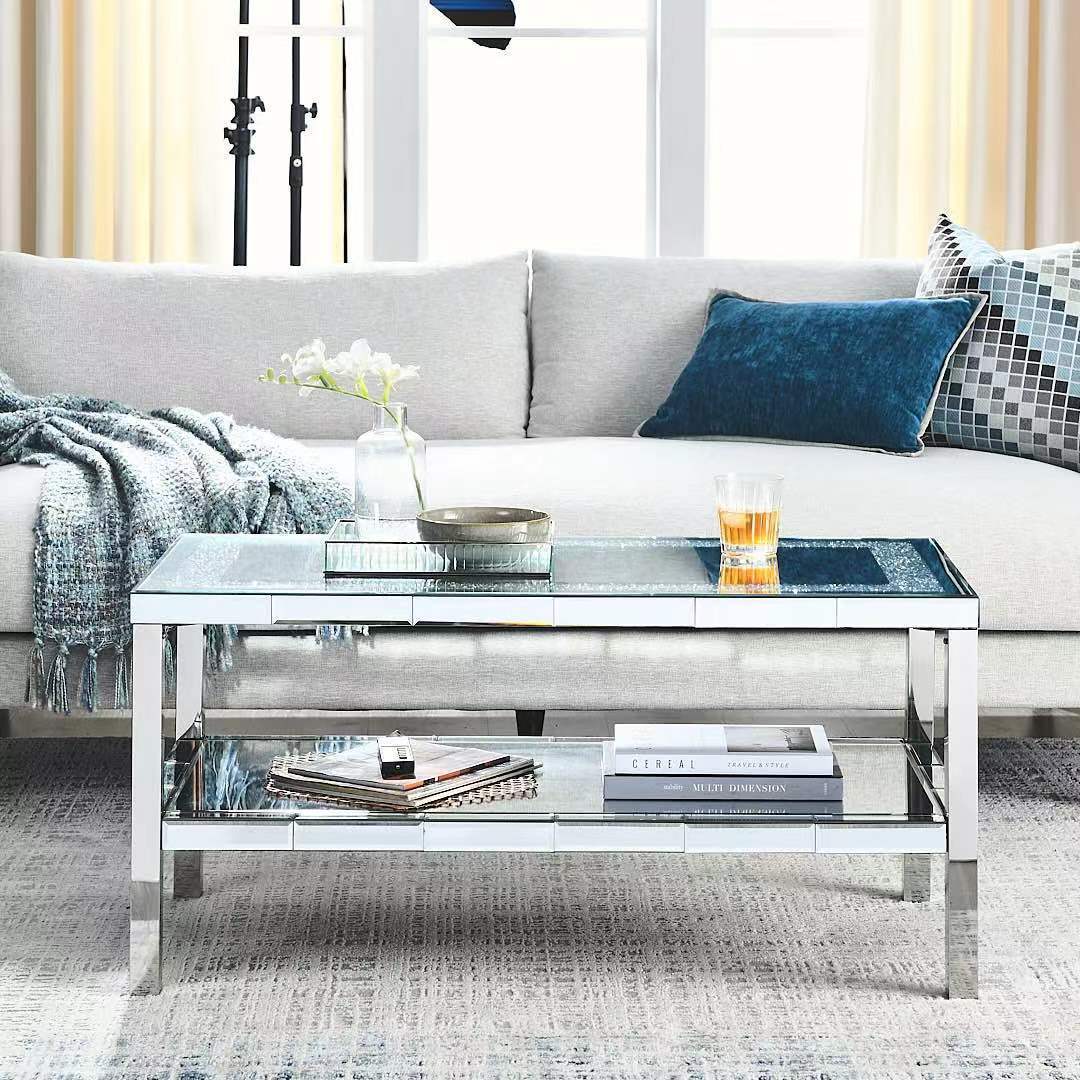 Elegant 2-Layer Crystal Mirror Stainless Steel Coffee Table for Various Spaces