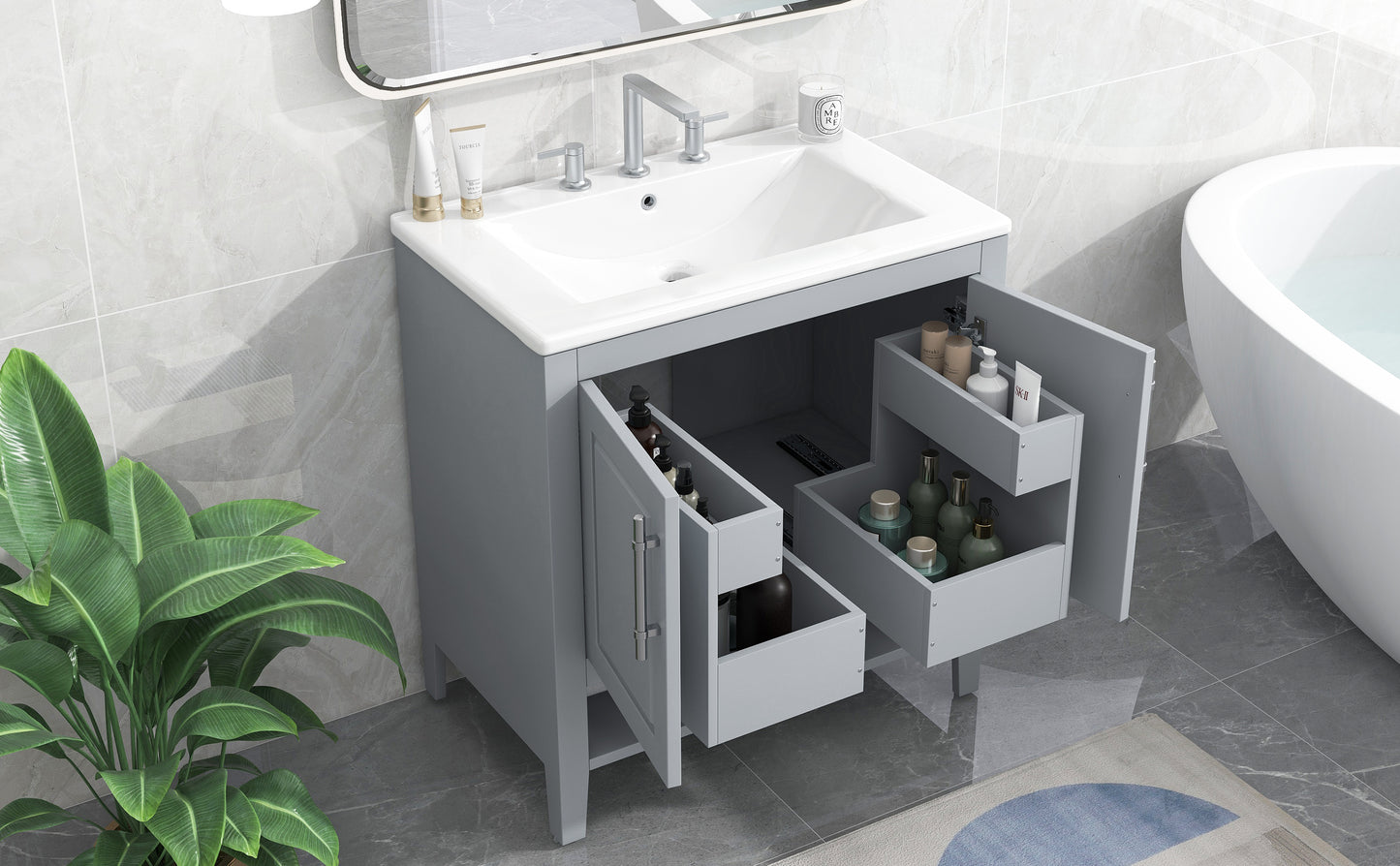 30" Bathroom Vanity with Sink, Multi-functional Bathroom Cabinet with Doors and Drawers, Solid Frame and MDF Board, Grey