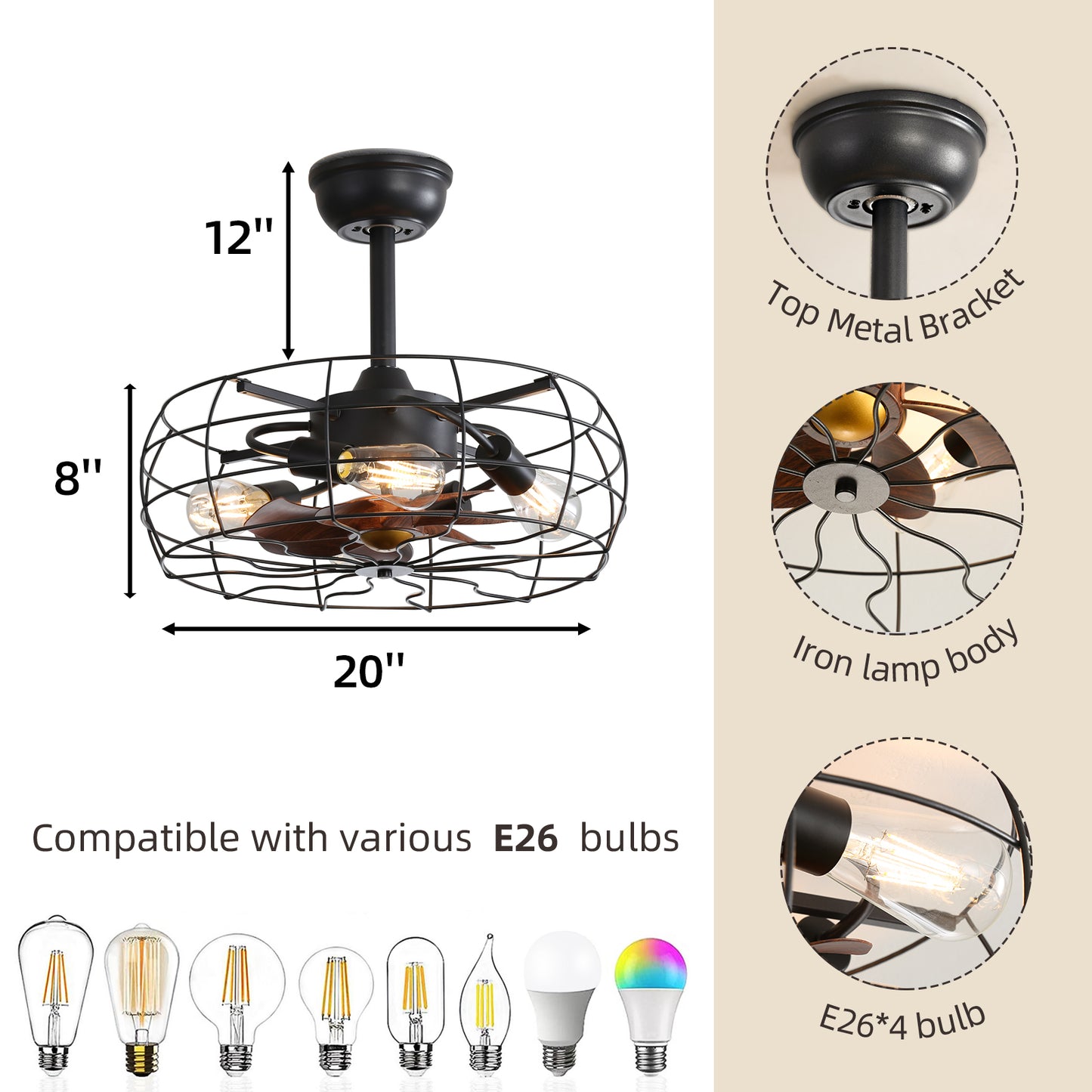 20-Inch American Style Ceiling Fan Chandelier with Remote Control and Reversible Inverter DC Motor