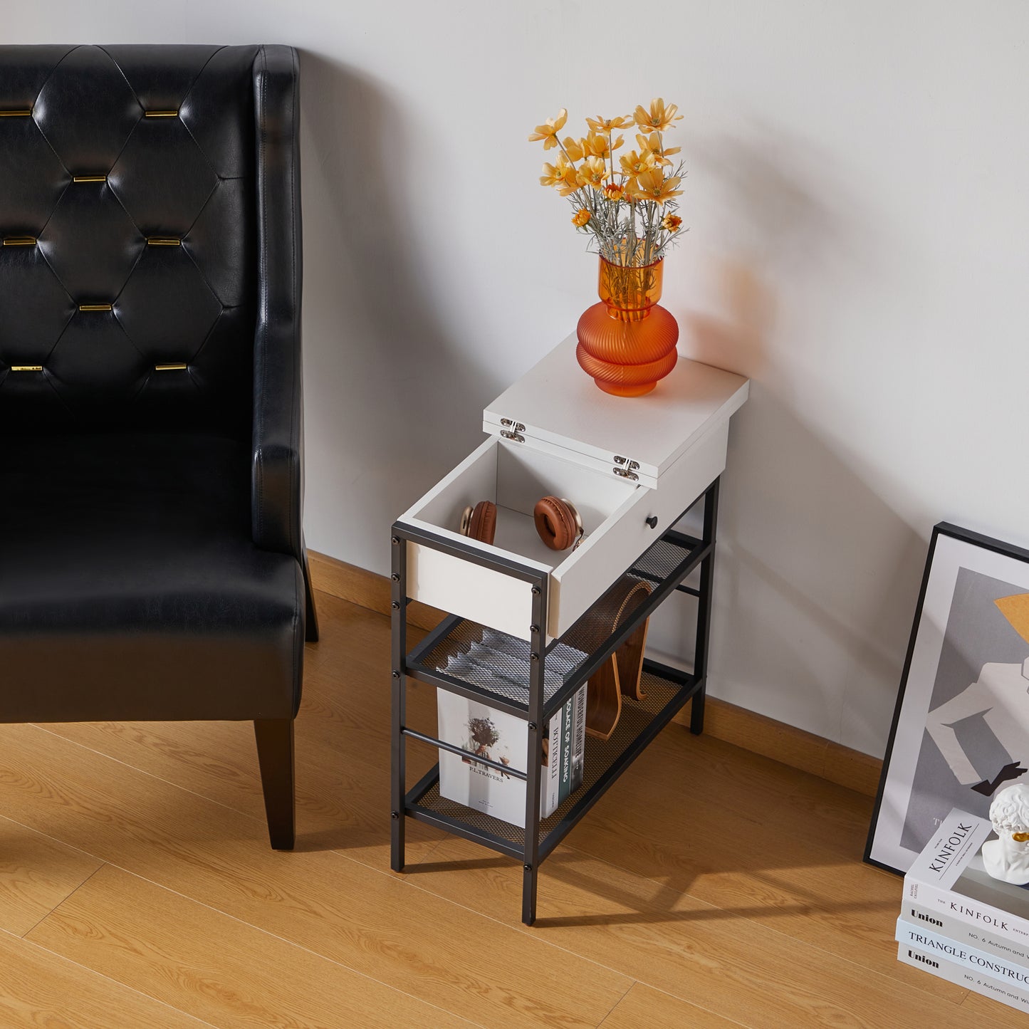 Sleek White End Table with Charging Station for Living Room and Bedroom