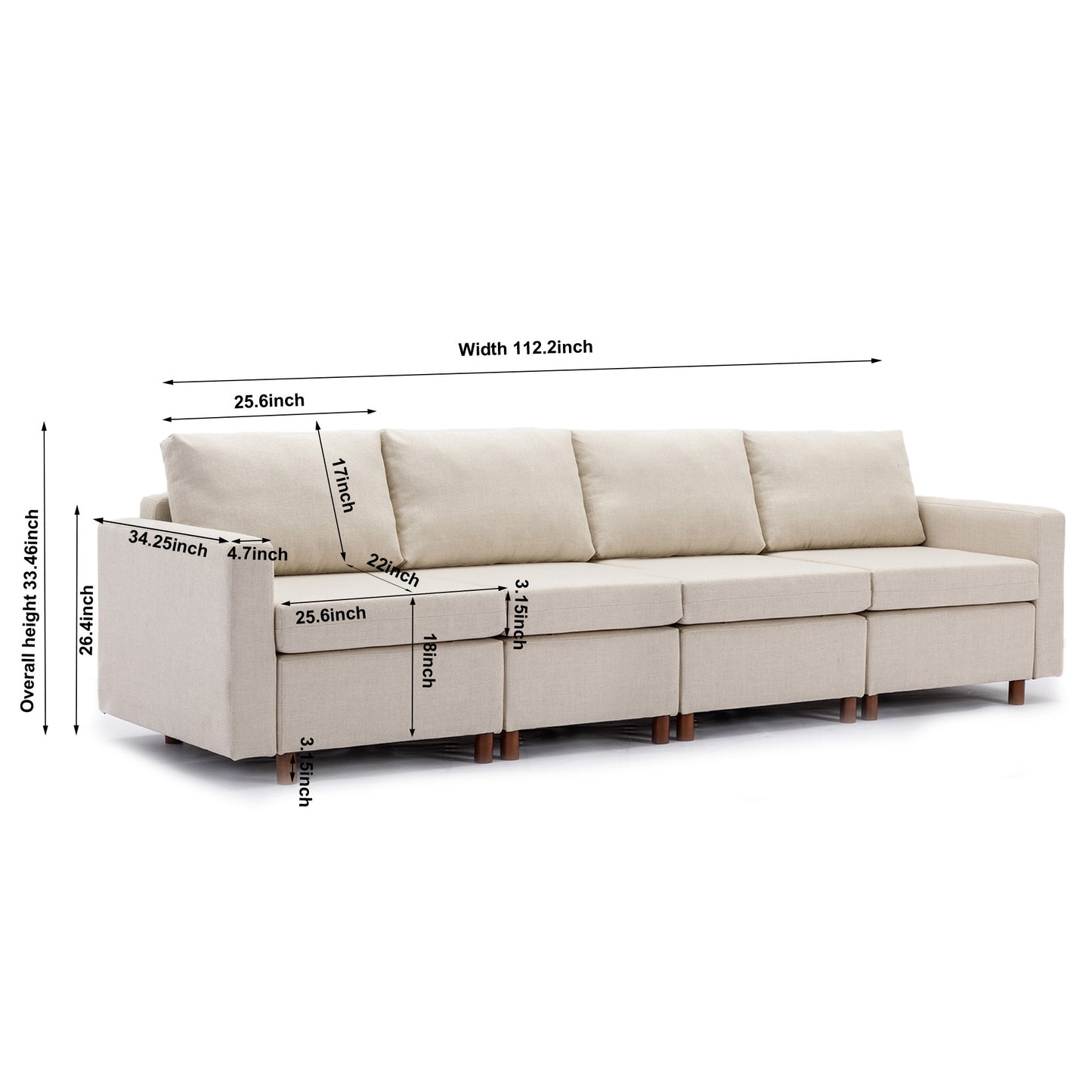 4 Seater Sectional Sofa with Ottoman, Cream Linen, Non-Removable Cushions