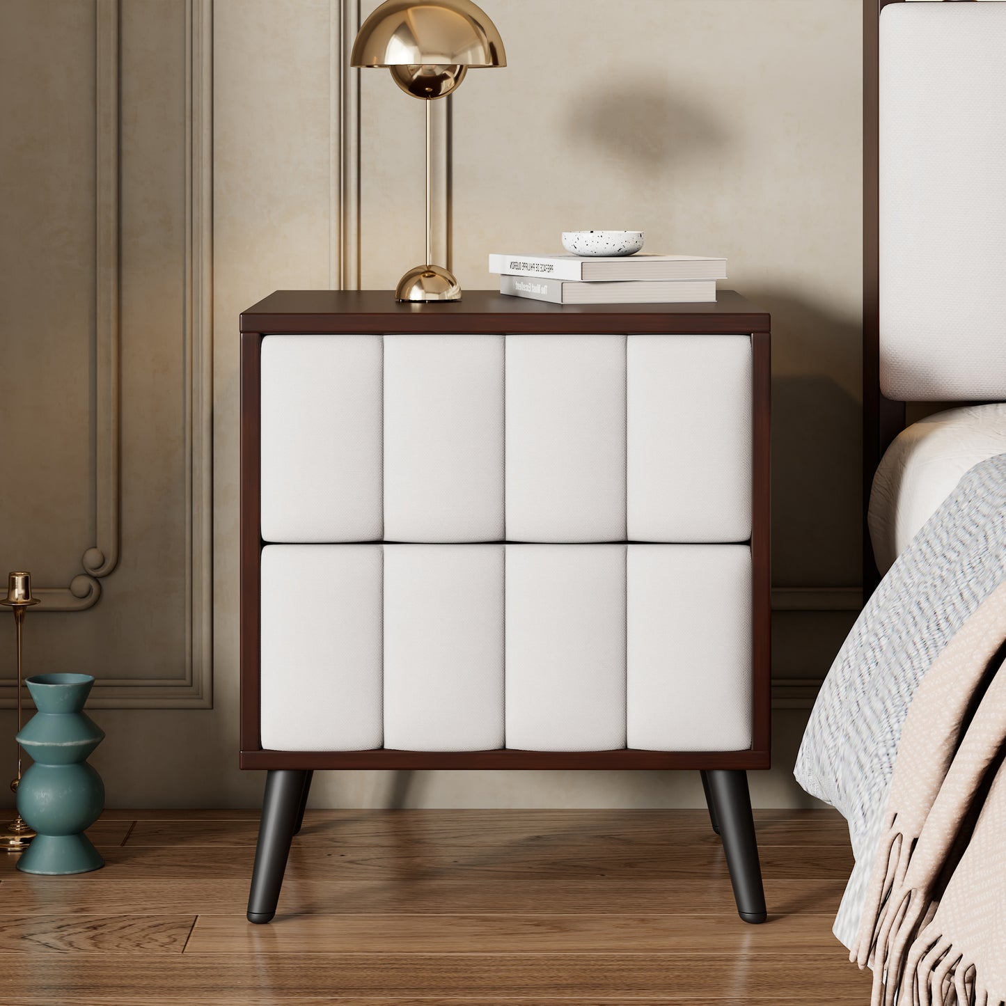 2-Drawer Nightstand for Bedroom, Mordern Wood+Linen Bedside Table with Classic Design,Walnut+Beige