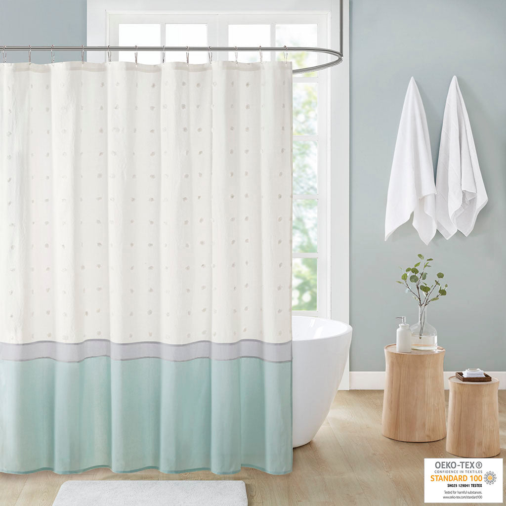 Textured Cotton Jacquard Shower Curtain with Clipped Dots