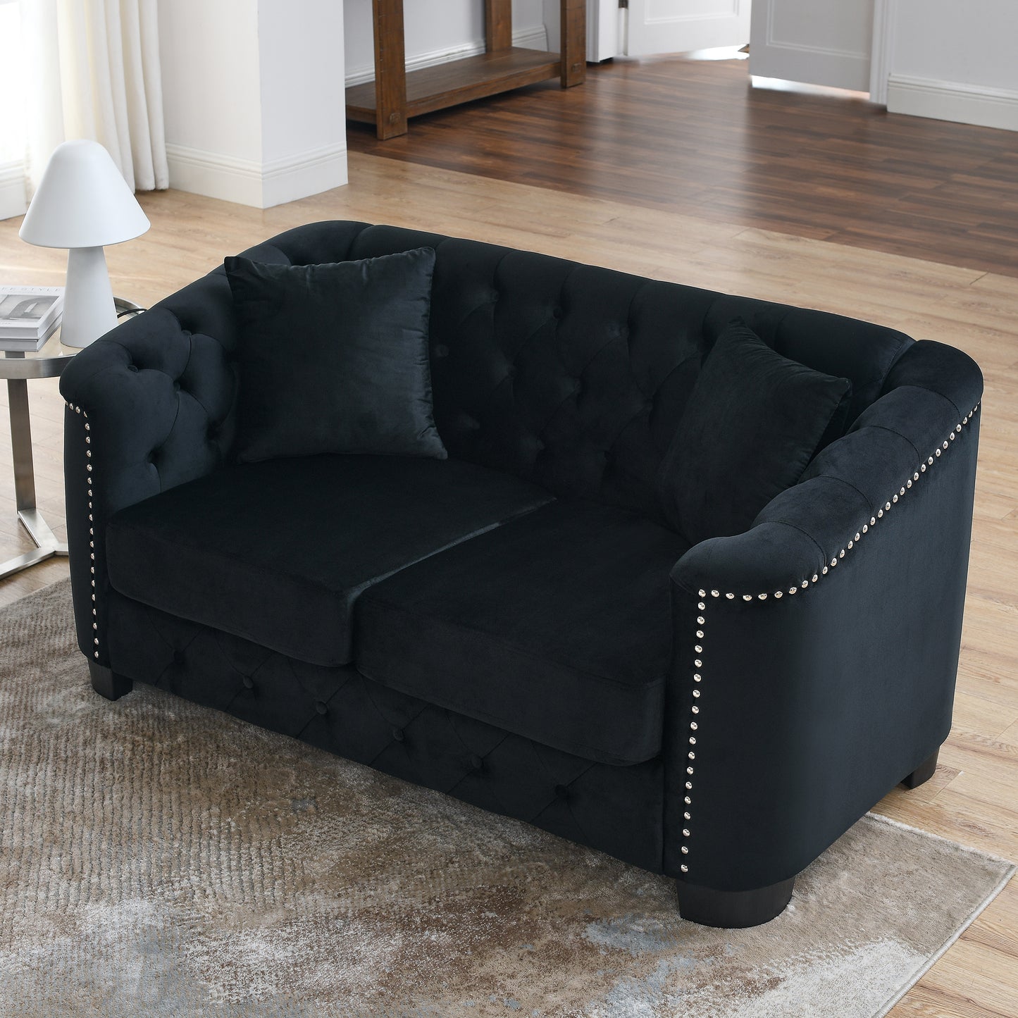 Luxurious Black Velvet Chesterfield Sofa, 2-Seater with Nailhead Arms