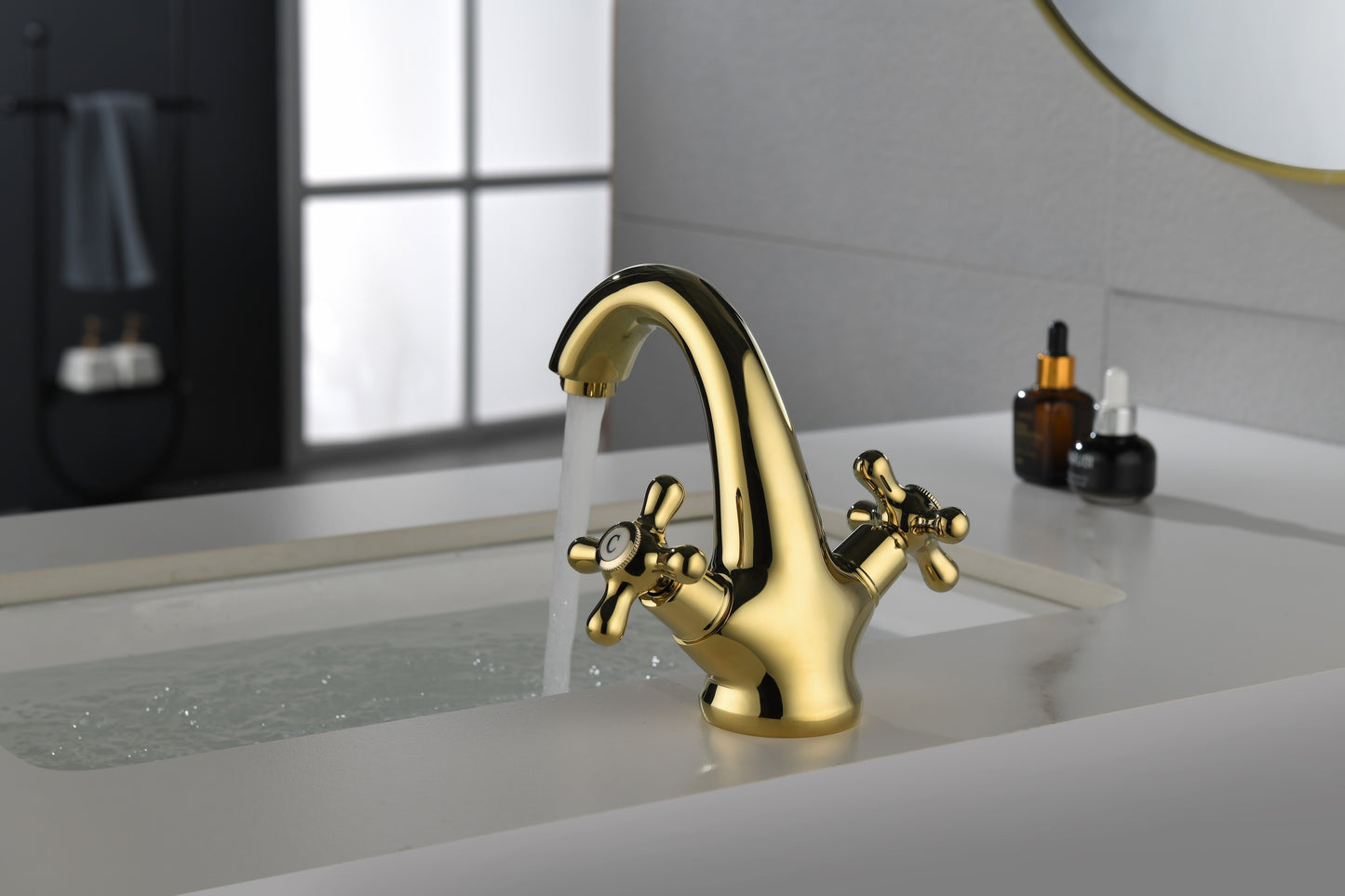 Gold Polished Bathroom Sink Faucet with Double Cross Knobs and Cover Plate