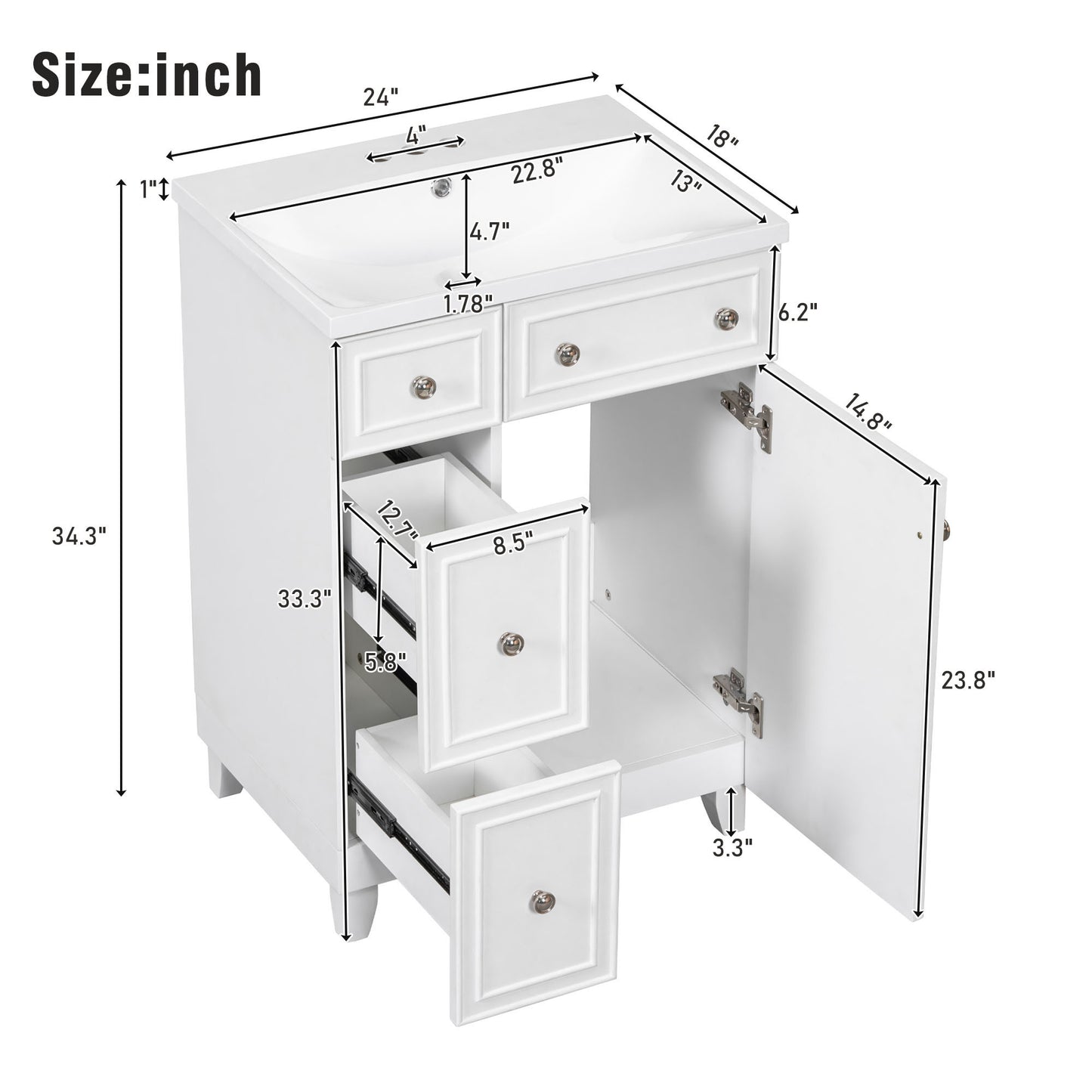 24-Inch Bathroom Vanity Cabinet with Resin Integrated Sink, 2 Drawers, 1 Door – Easy to Clean, Ample Storage Space