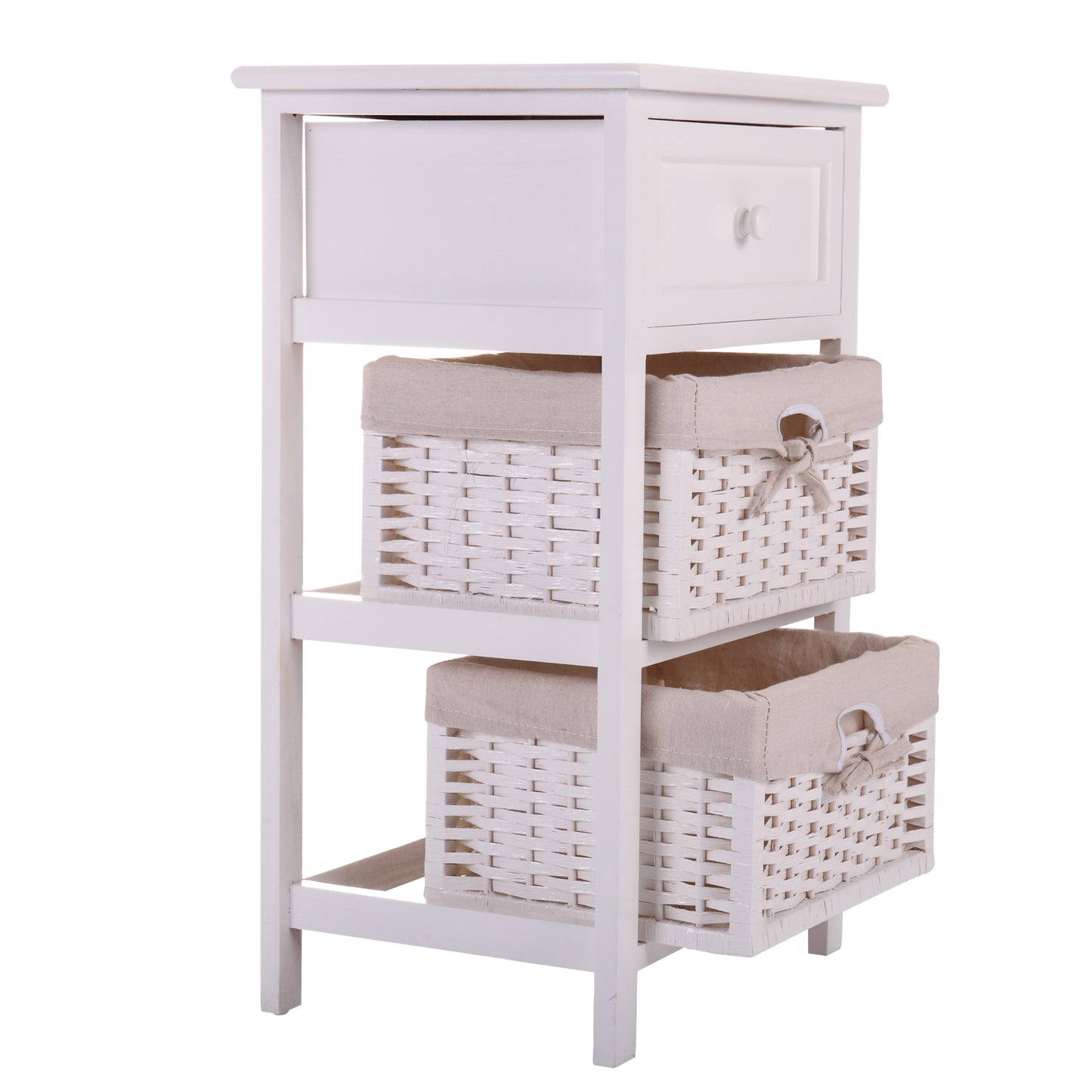 One Drawer Nightstand with Two Removable Baskets, Storage Bedside Table, Modern End Table with Tall Legs, Indoors, White