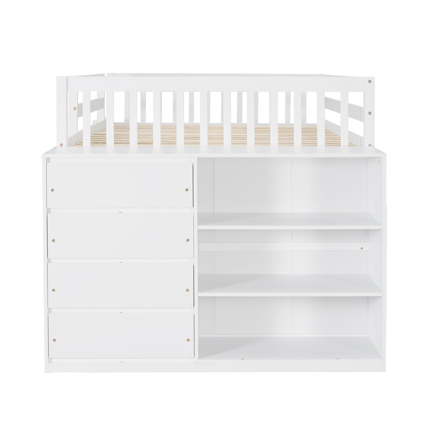 White Full over Full Bunk Bed with Storage, Shelves, and Drawers