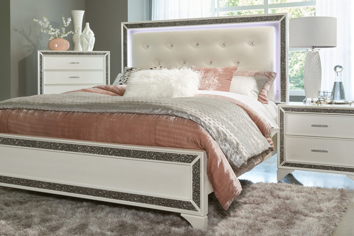 Glamourous Bedroom 1pc Nightstand Pearl White Metallic Finish Silver Glitter Trim Wooden furniture