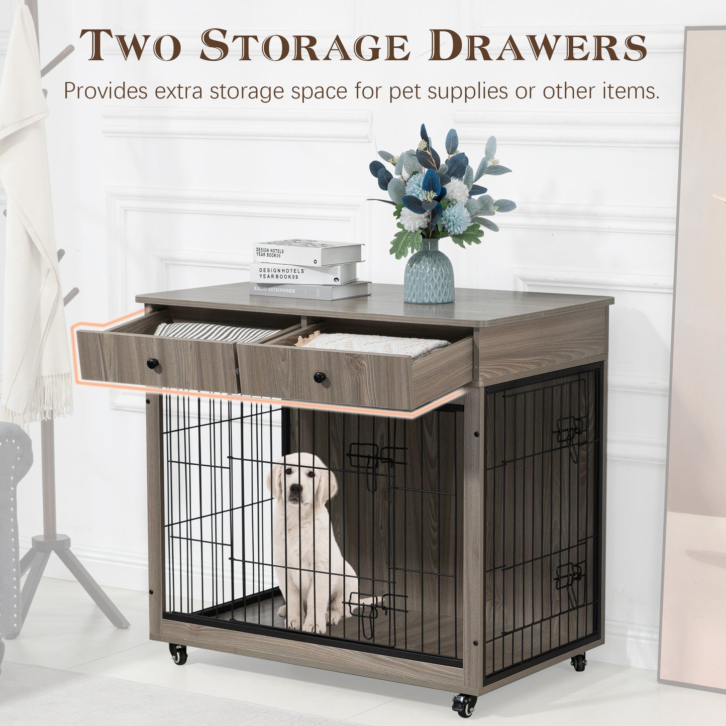 Dog Crate Furniture, Wooden Dog House, Decorative Dog Kennel with Drawer, Indoor Pet Crate End Table for Small Dog, Steel-Tube Dog Cage, Chew-Proof, Grey 31.7" L×23.2" W×33" H